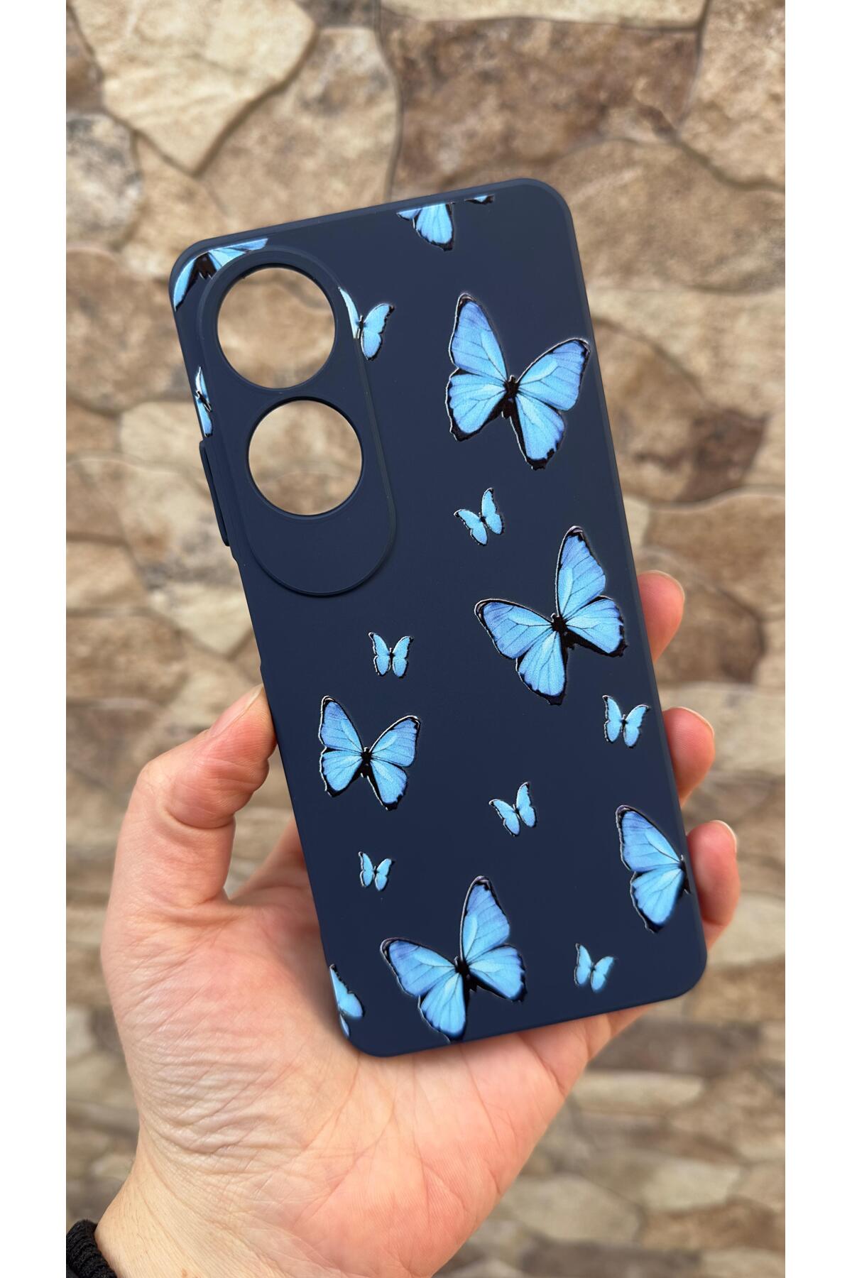 Oppo A60 Uyumlu Mavi Kelebek Desenli Silikon Darbe Emici Klasik Korumalı Rubber Kılıf 277
