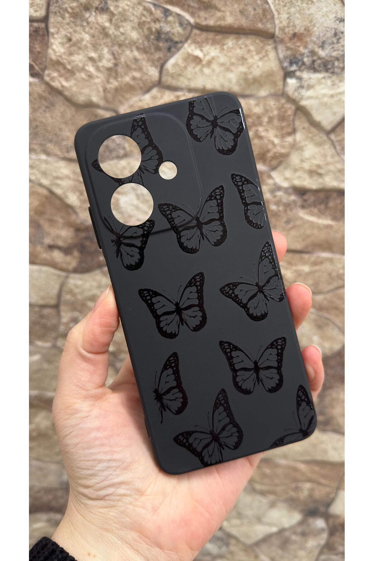 Oppo A3 Uyumlu Siyah Kelebek Desenli Silikon Darbe Emici Klasik Korumalı Rubber Kılıf