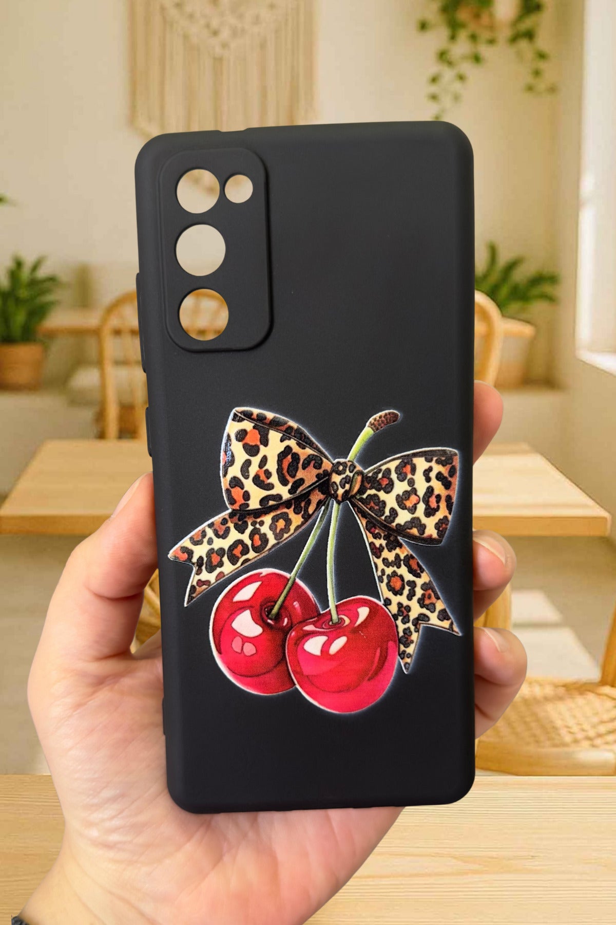 Samsung Galaxy S20 Fe Uyumlu Kiraz Leopar Fiyonk Desenli Silikon Darbe Emici Rubber Kılıf