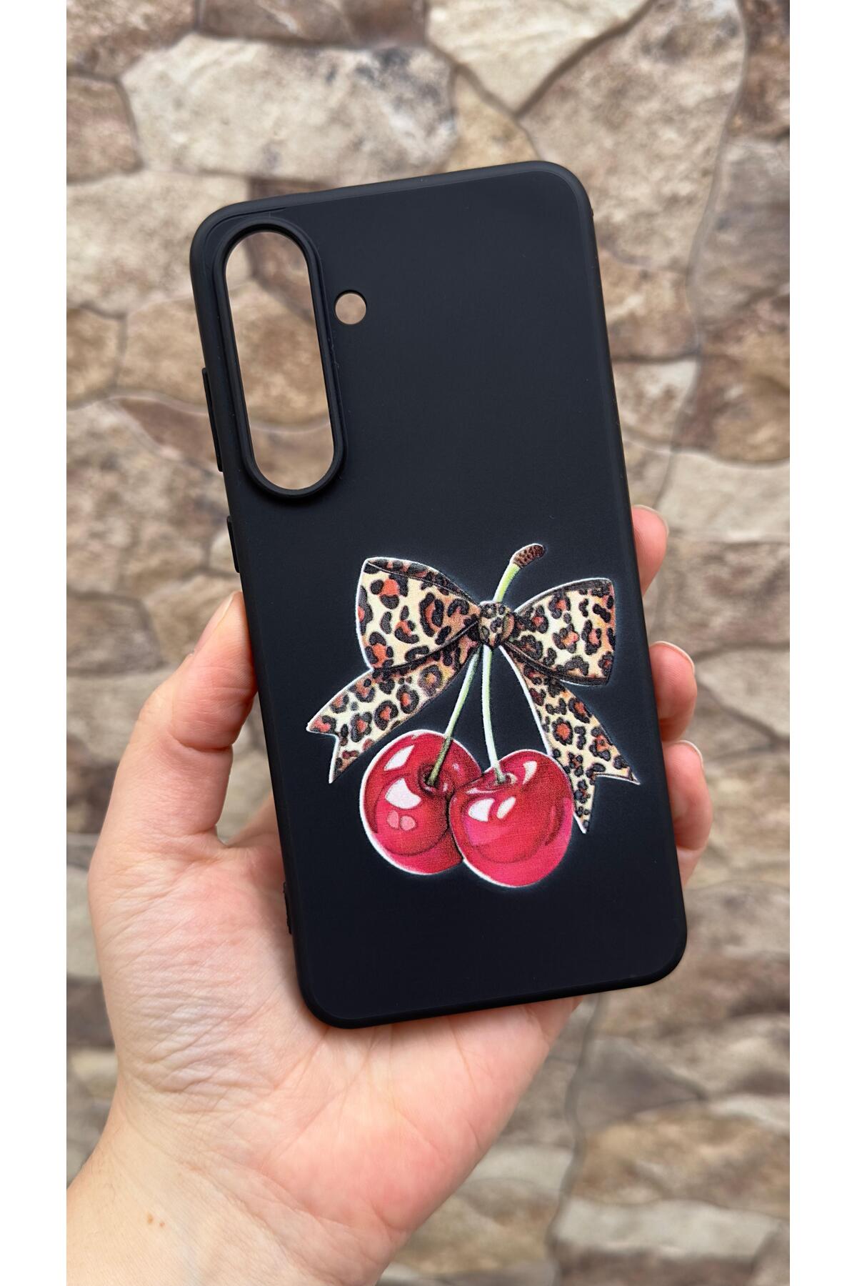 Samsung Galaxy S25 FE Uyumlu Kiraz Fiyonk Leopar Desenli Silikon Darbe Emici Rubber Kılıf277