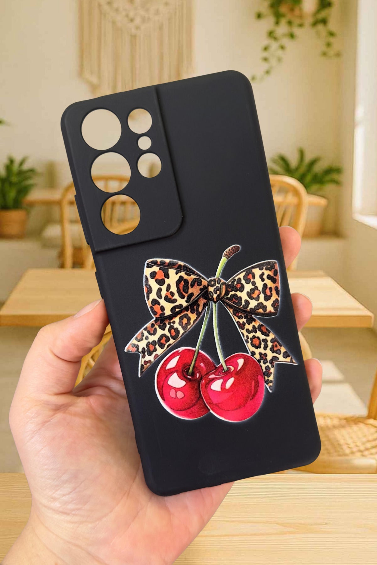 Samsung Galaxy S21 Ultra Uyumlu Kiraz Leopar Fiyonk Desenli Silikon Darbe Emici Rubber Kılıf
