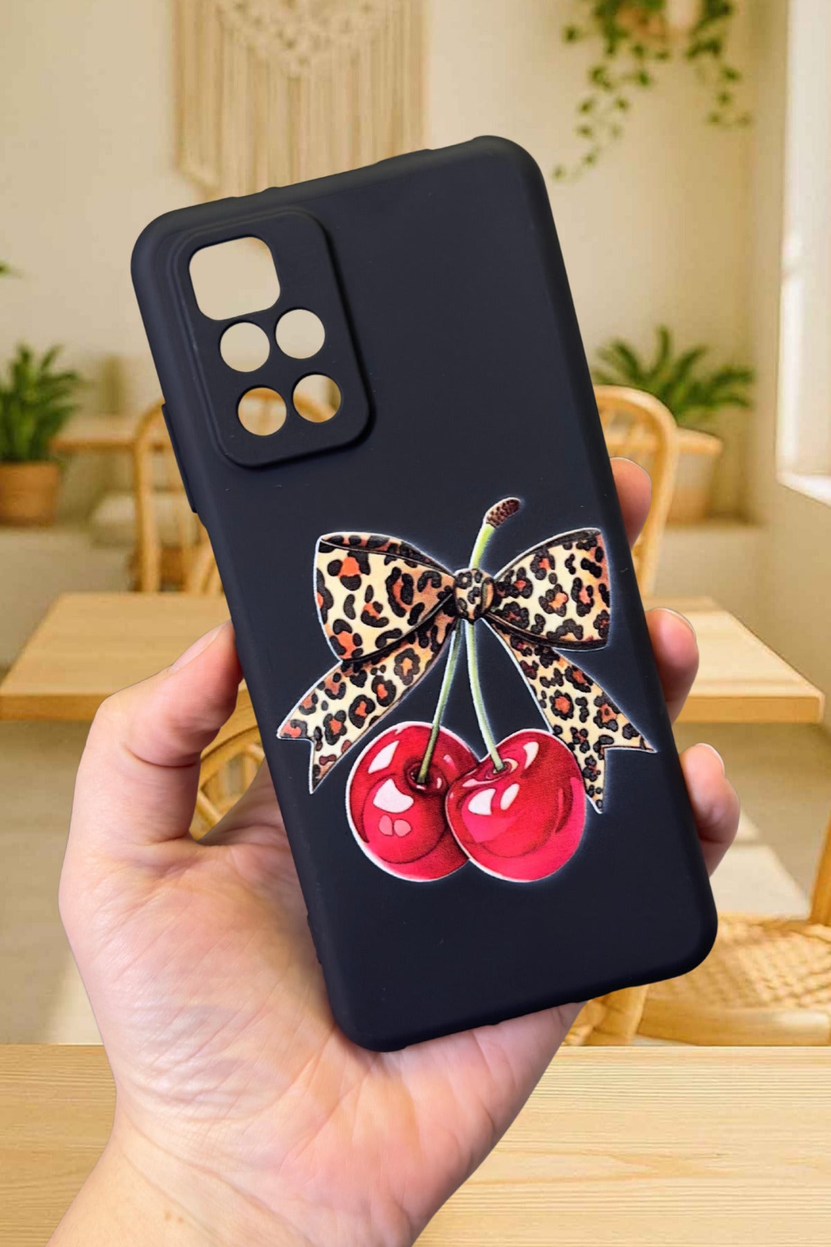 Xiaomi Redmi 10 2022 Uyumlu Kiraz Leopar Fiyonk Desenli Silikon Darbe Emici Rubber Kılıf