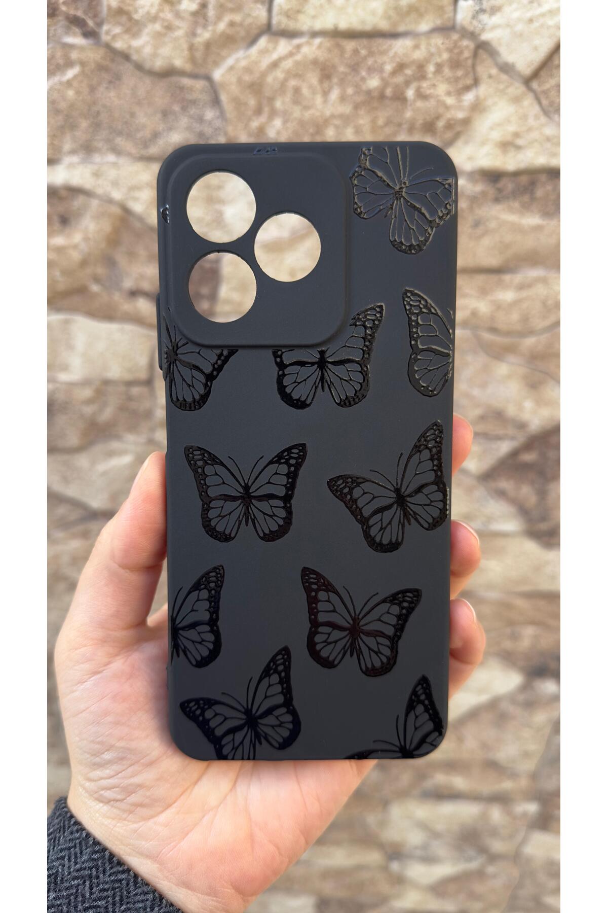 Realme C63 Uyumlu Siyah Kelebek Desenli Silikon Darbe Emici Klasik Korumalı Rubber Kılıf
