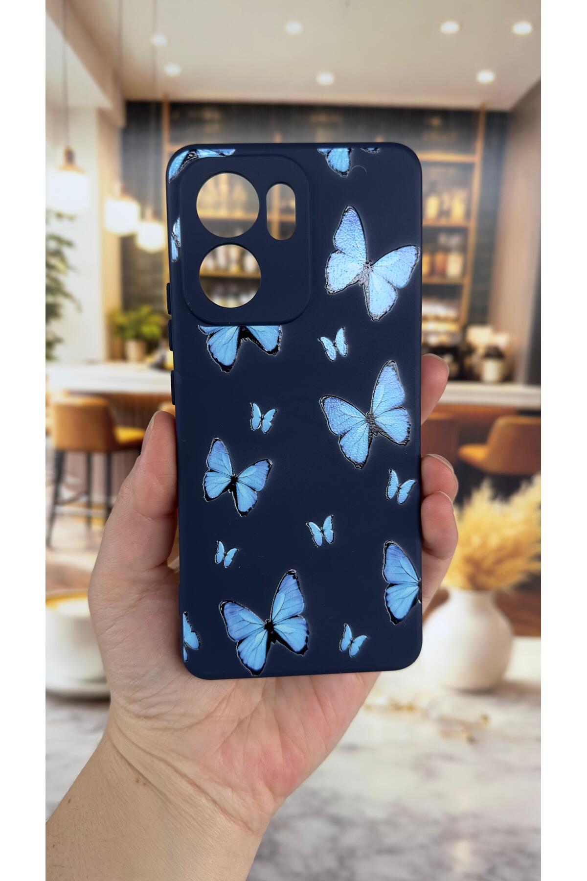 OPPO RENO 13 F Uyumlu Mavi Kelebek Desenli Silikon Darbe Emici Klasik Korumalı Rubber Kılıf