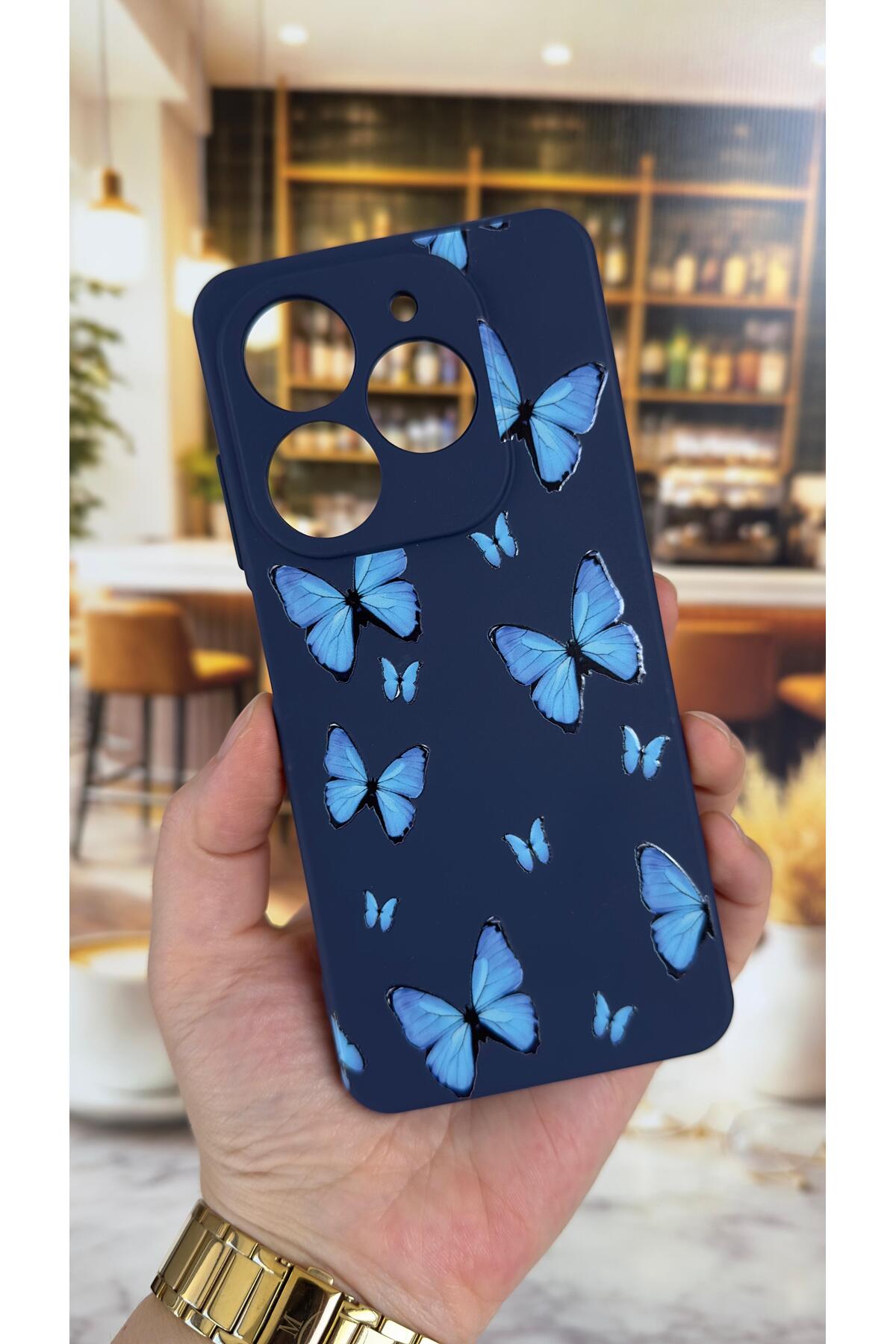 Tecno Spark 20/20C Uyumlu Mavi Kelebek Desenli Silikon Darbe Emici Klasik Korumalı Rubber Kılıf