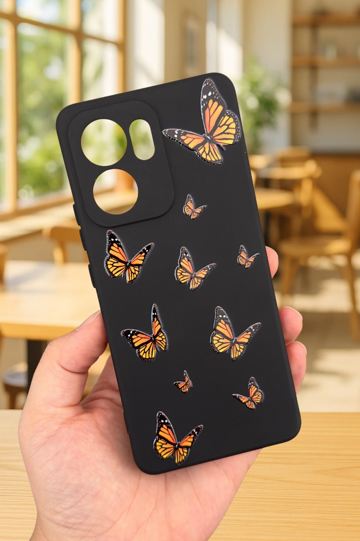 OPPO RENO 13 F Uyumlu Turuncu Kelebek Desenli Silikon Darbe Emici Klasik Korumalı Rubber Kılıf