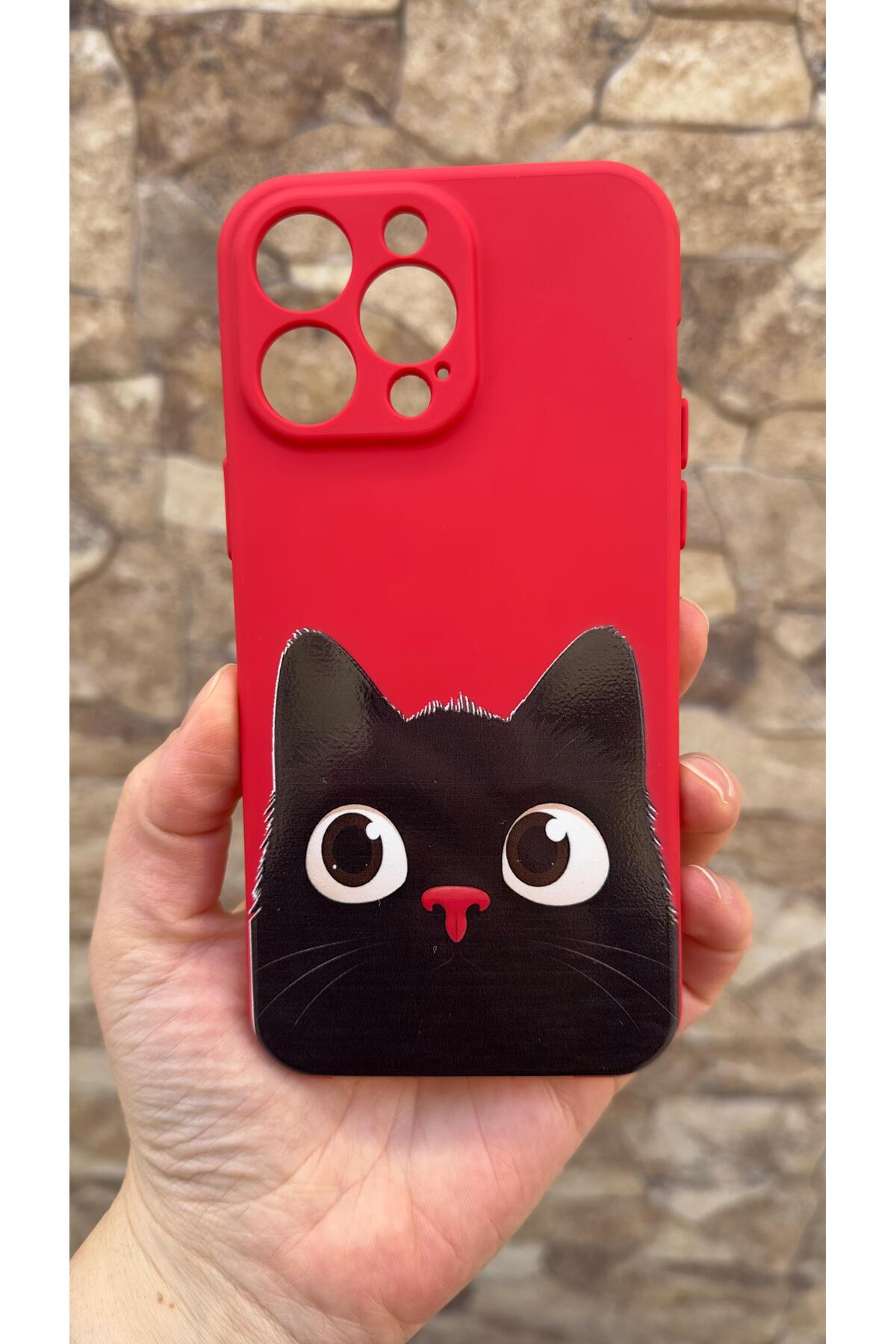 iPhone 13 Pro Max Uyumlu Sevimli Siyah Kedi Desenli Silikon Darbe Emici Klasik Korumalı Rubber Kılıf