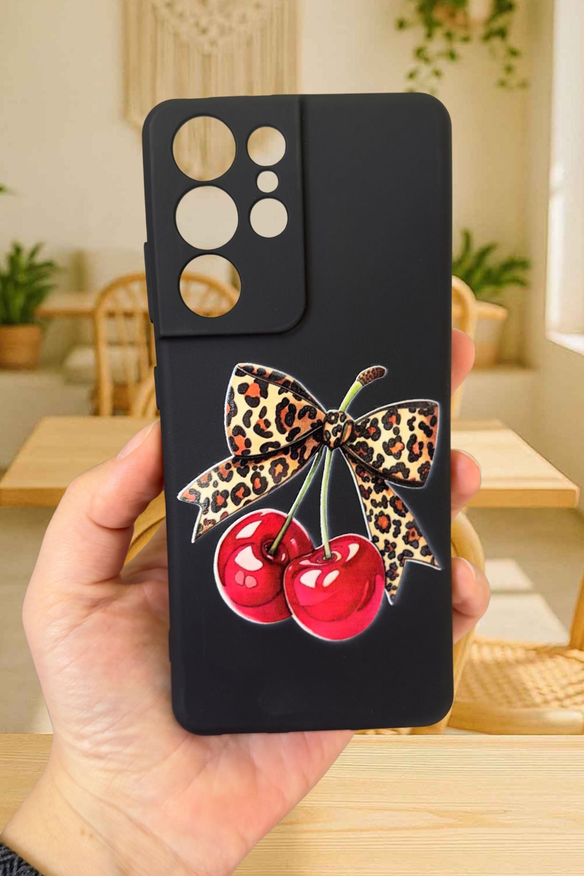 Samsung Galaxy S21 Ultra Uyumlu Kiraz Leopar Fiyonk Desenli Silikon Darbe Emici Rubber Kılıf