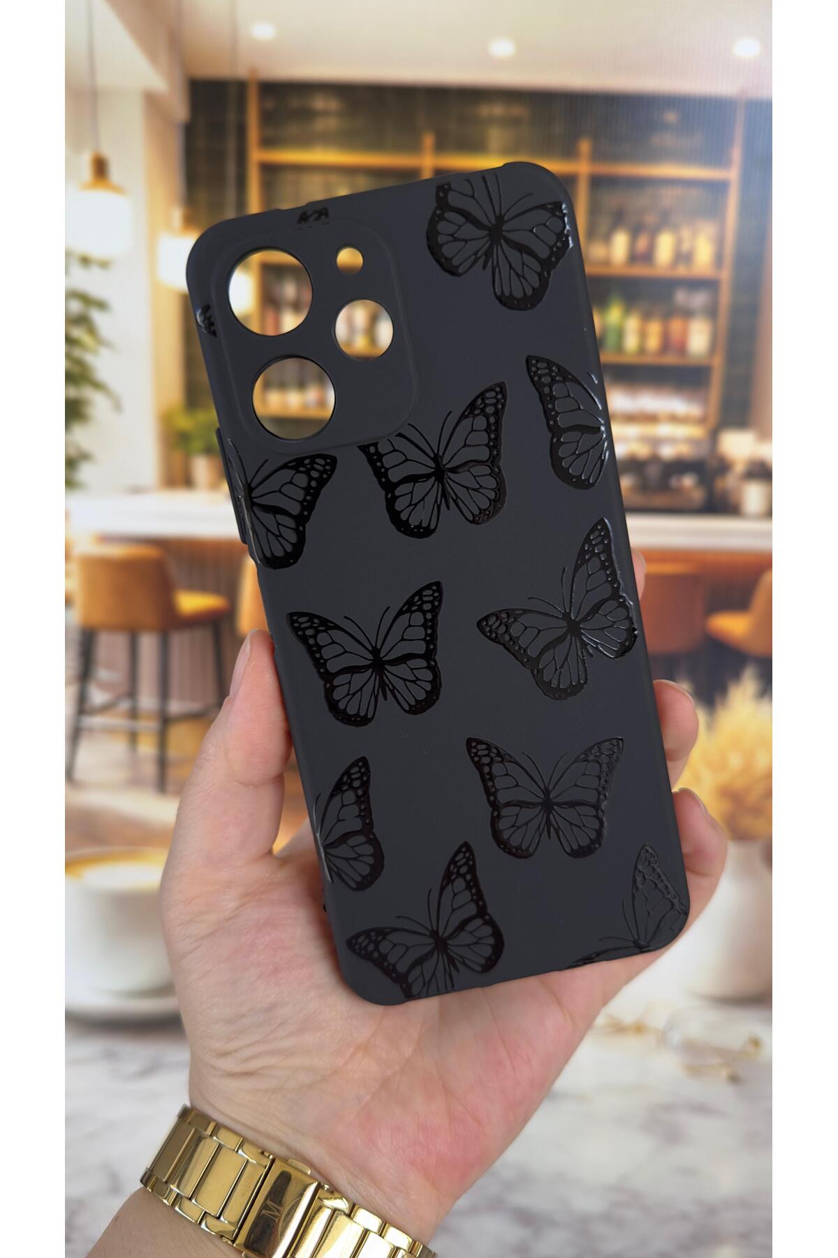 Redmi 12 Uyumlu Siyah Kelebek Desenli Silikon Darbe Emici Klasik Korumalı Rubber Kılıf
