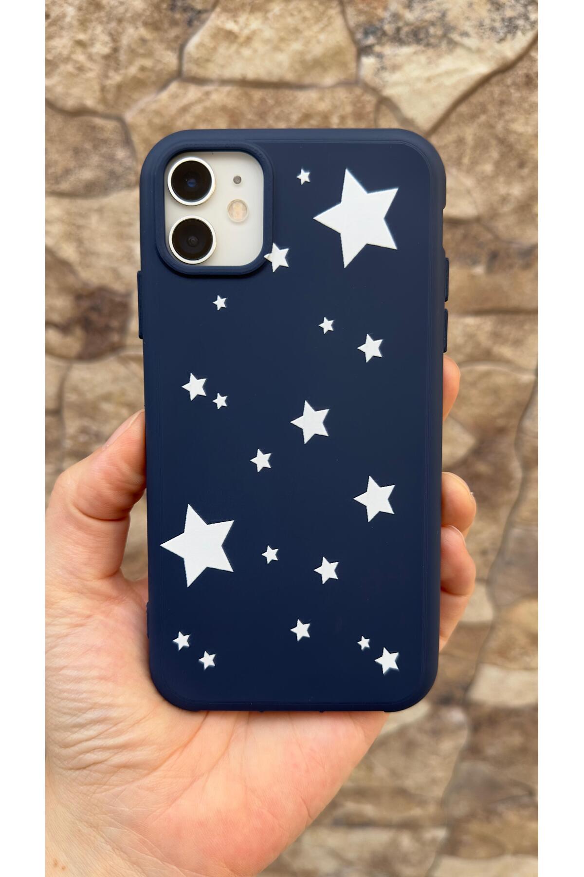 İphone 11 Uyumlu Mini Yıldız Desenli Silikon Darbe Emici Klasik Korumalı Rubber Kılıf