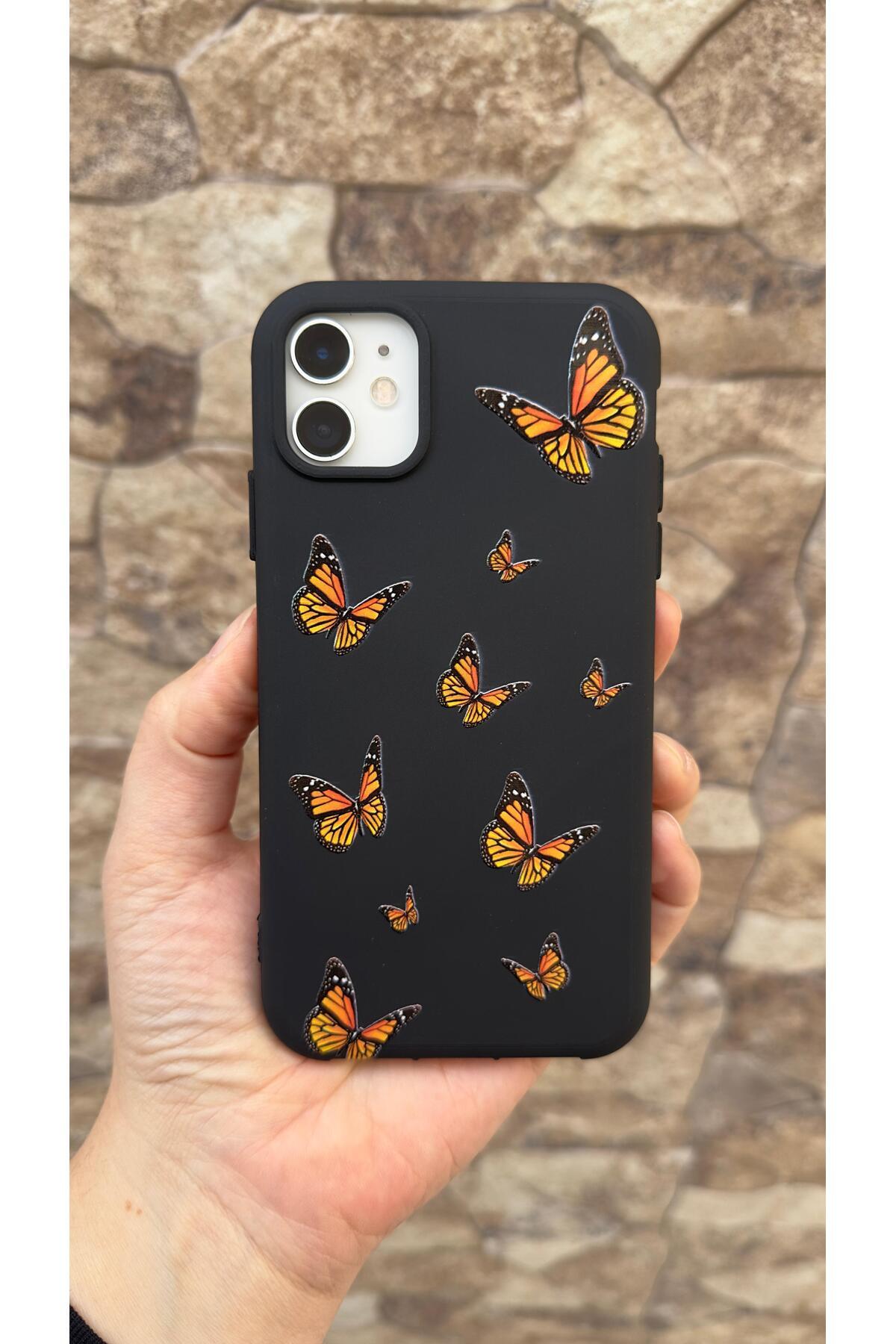 İphone 11 Uyumlu Turuncu Kelebek Desenli Silikon Darbe Emici Klasik Korumalı Rubber Kılıf
