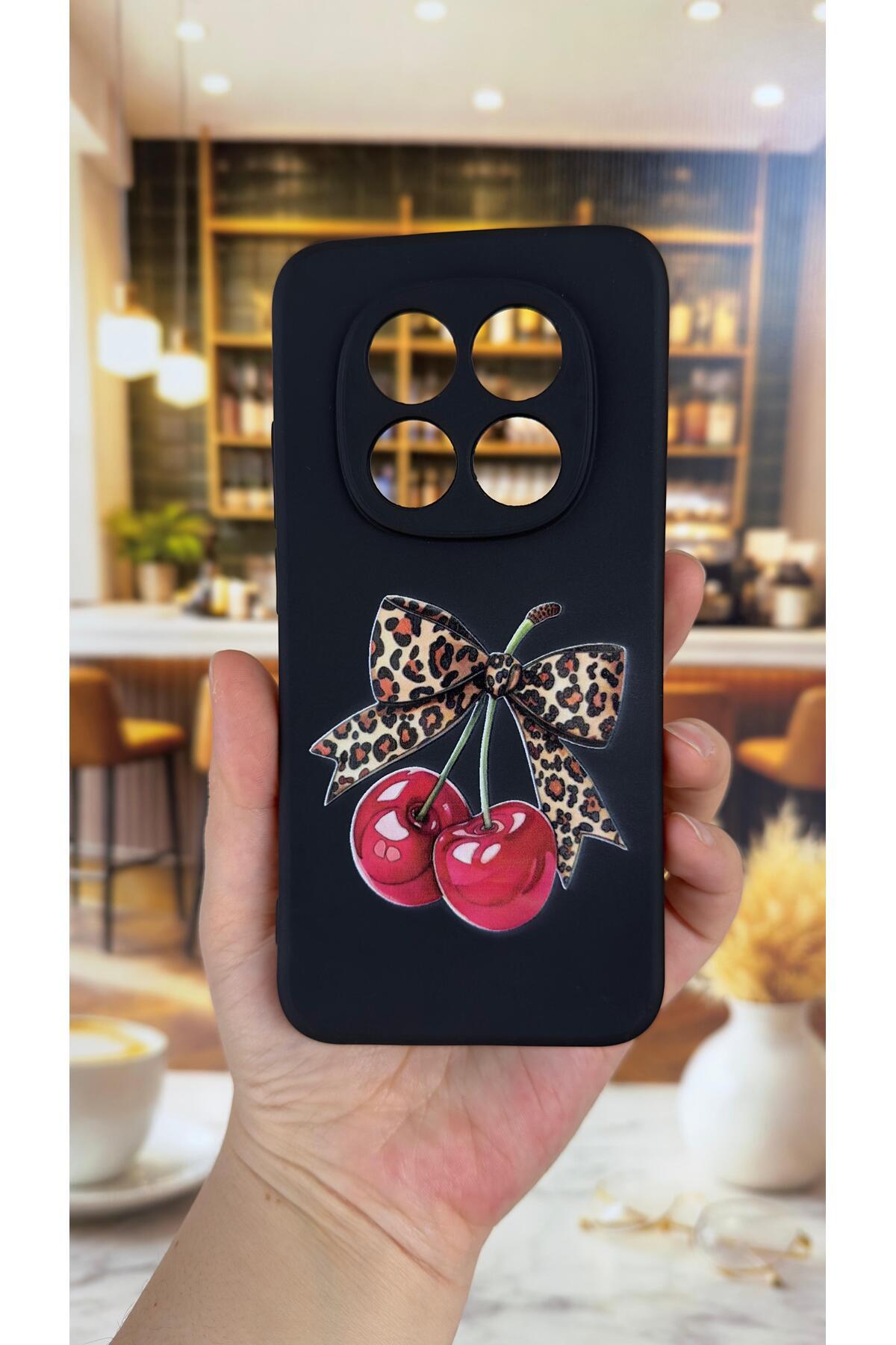 Redmi Note 15 Pro 5G Uyumlu Kiraz Fiyonk Leopar Desenli Silikon Darbe Emici Klasik Rubber Kılıf