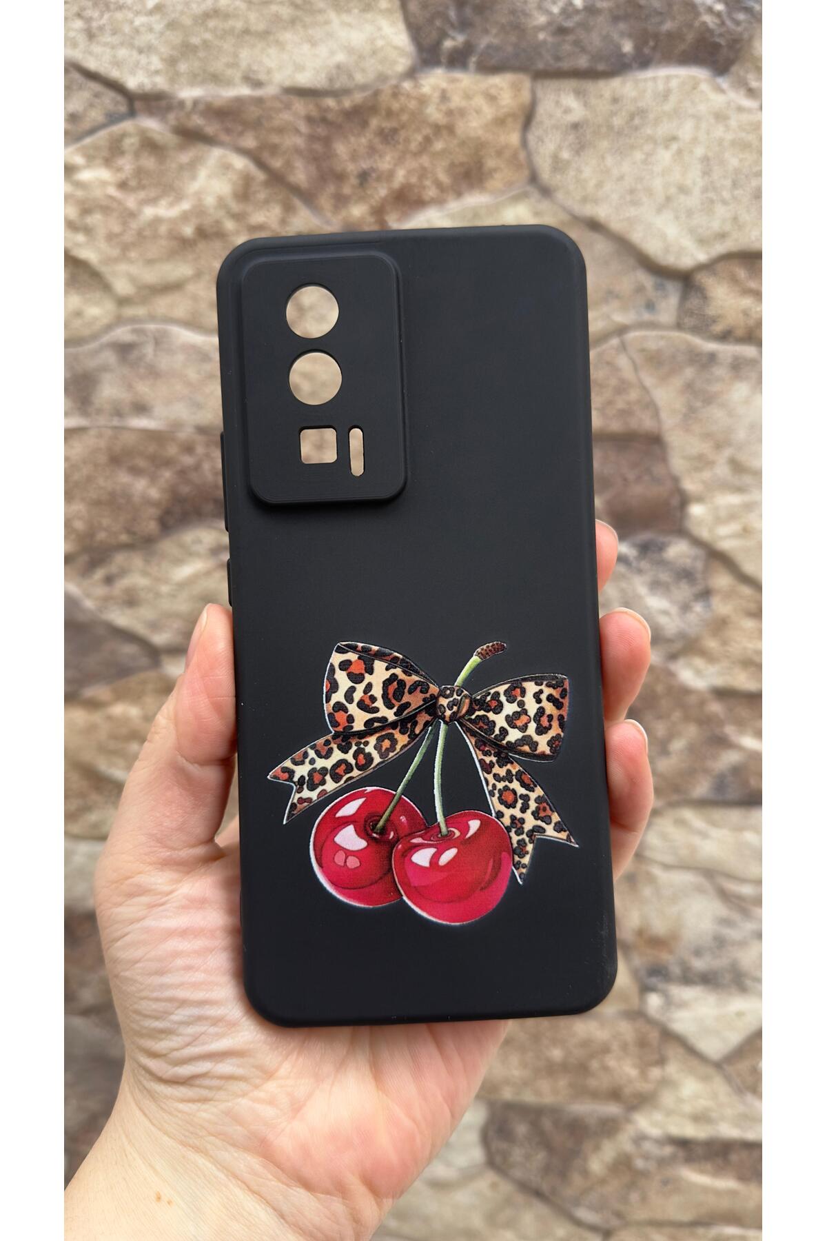 Poco F5 Pro Uyumlu Kiraz Fiyonk Leopar Desenli Silikon Darbe Emici Klasik Korumalı Rubber Kılıf