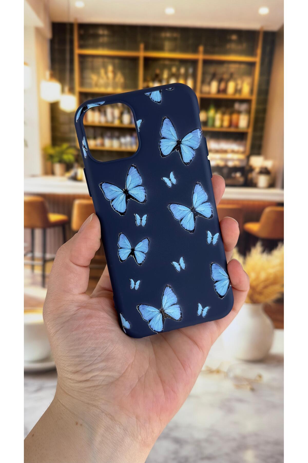 Iphone 11 Pro Max Uyumlu Mavi Kelebek Desenli Silikon Darbe Emici Klasik Korumalı Rubber Kılıf