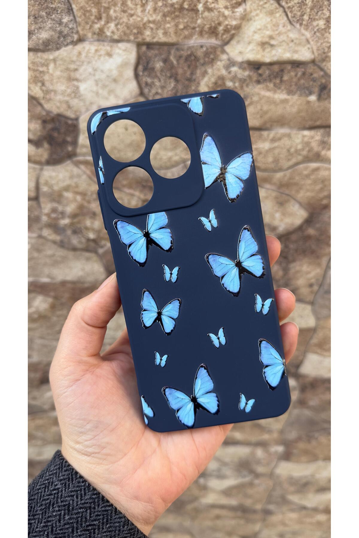 Realme C63 Uyumlu Mavi Kelebek Desenli Silikon Darbe Emici Klasik Korumalı Rubber Kılıf