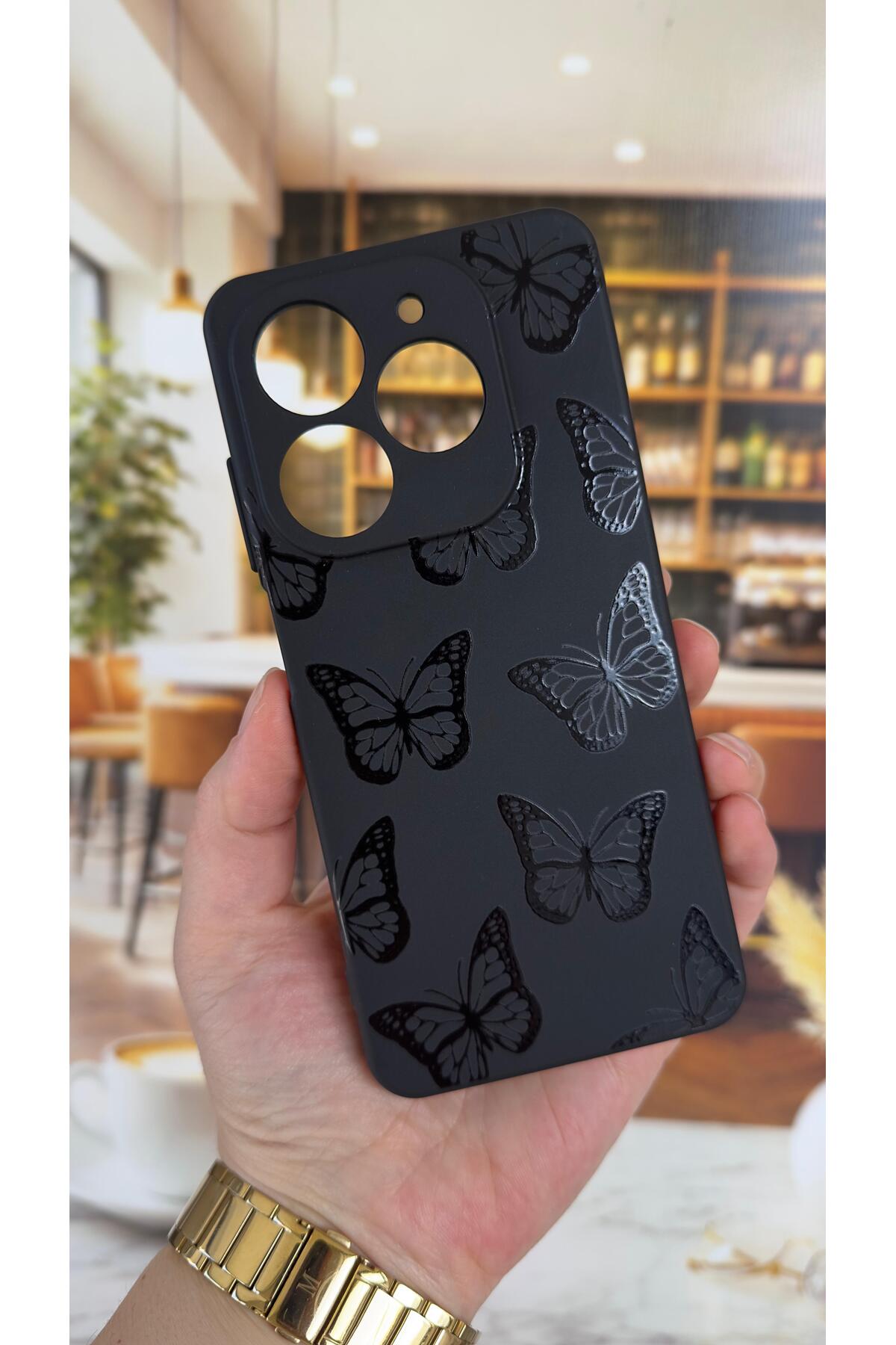 Tecno Spark 20/20C Uyumlu Siyah Kelebek Desenli Silikon Darbe Emici Klasik Korumalı Rubber Kılıf