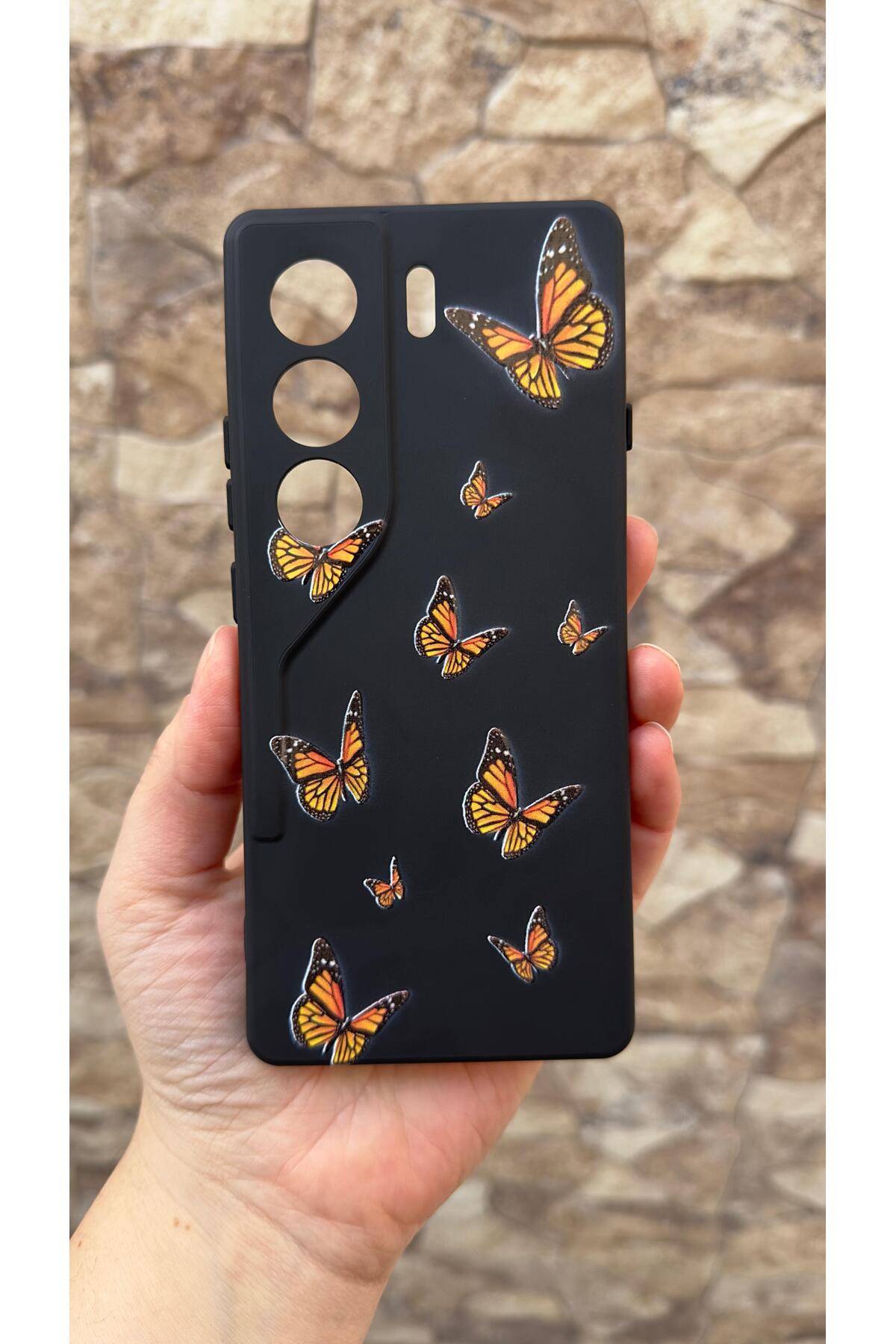 Tecno Camon 40 Pro Uyumlu Turuncu Kelebek Desenli Silikon Darbe Emici Klasik Rubber Kılıf