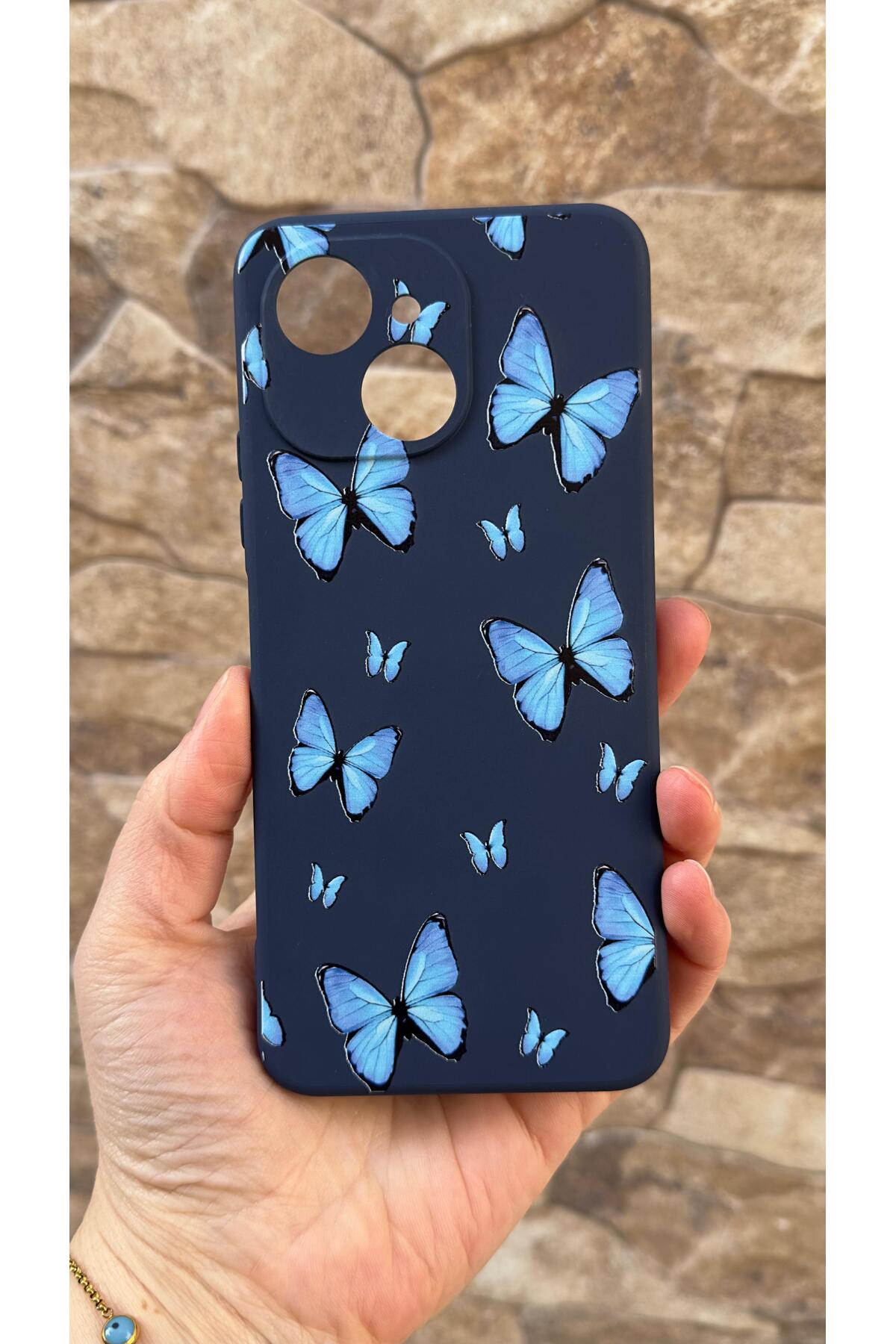 Tecno Spark 40C Uyumlu Mavi Kelebek Desenli Silikon Darbe Emici Klasik Korumalı Rubber Kılıf