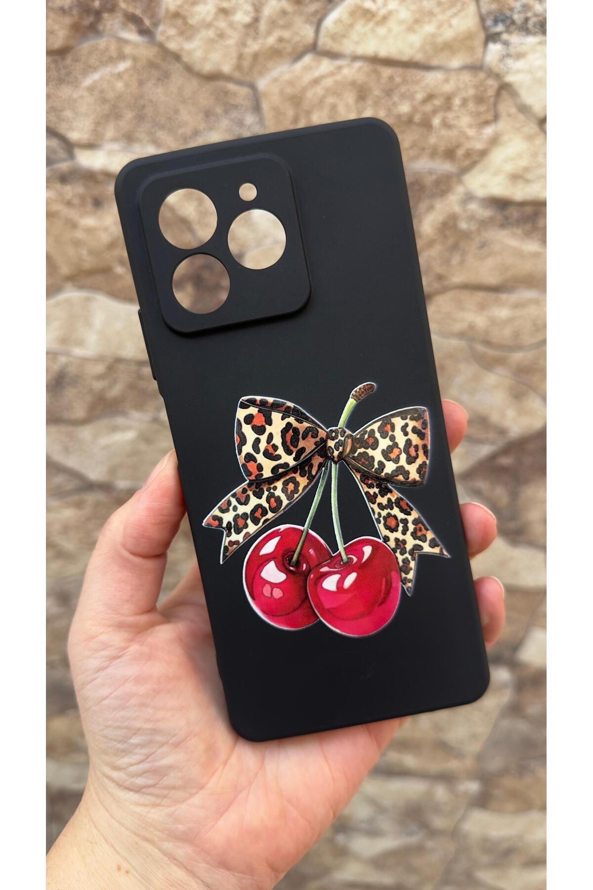 Omix X7 Uyumlu Kiraz Fiyonk Leopar Desenli Silikon Darbe Emici Klasik Korumalı Rubber Kılıf 277