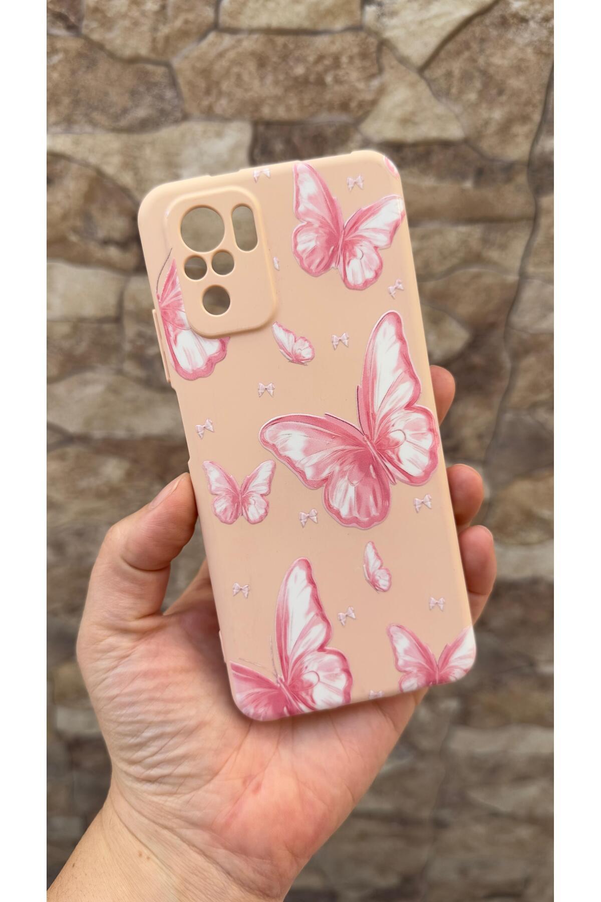 Xiaomi Redmi Note 10 ve 10S Uyumlu Pembe Kelebek Desenli Silikon Darbe Emici Klasik Rubber Kılıf