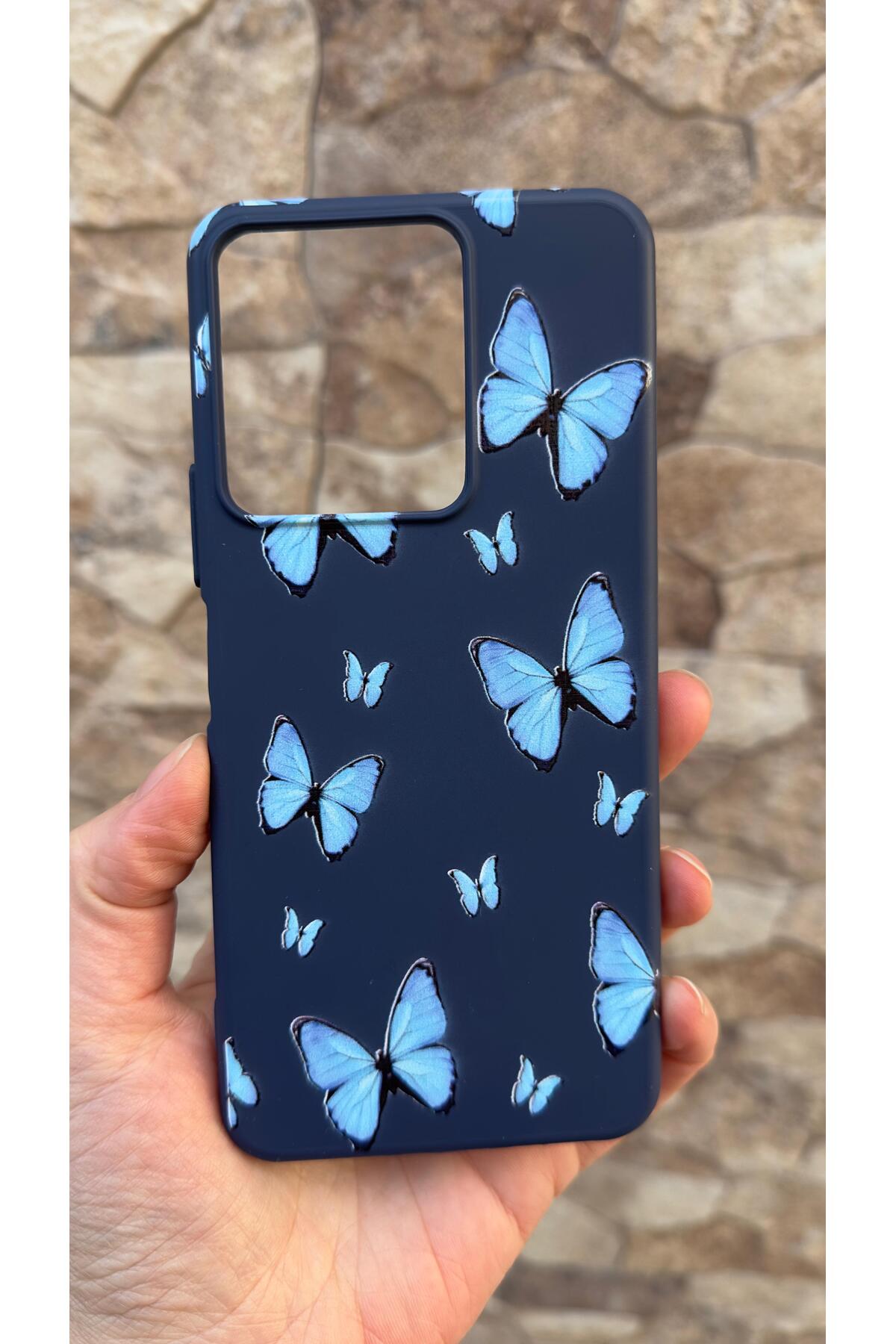 VİVO Y35 Uyumlu Mavi Kelebek Desenli Silikon Darbe Emici Klasik Korumalı Rubber Kılıf