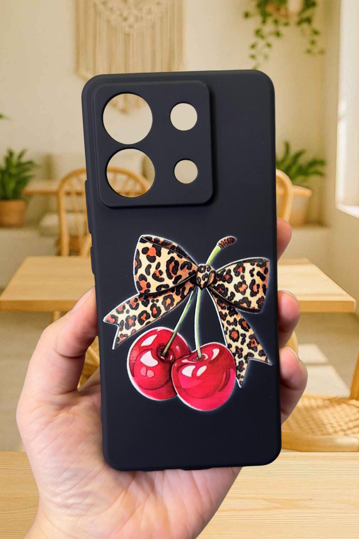 Xiaomi Redmi Note 13 Pro 5G Uyumlu Kiraz Leopar Fiyonk Desenli Silikon Darbe Emici Rubber Kılıf