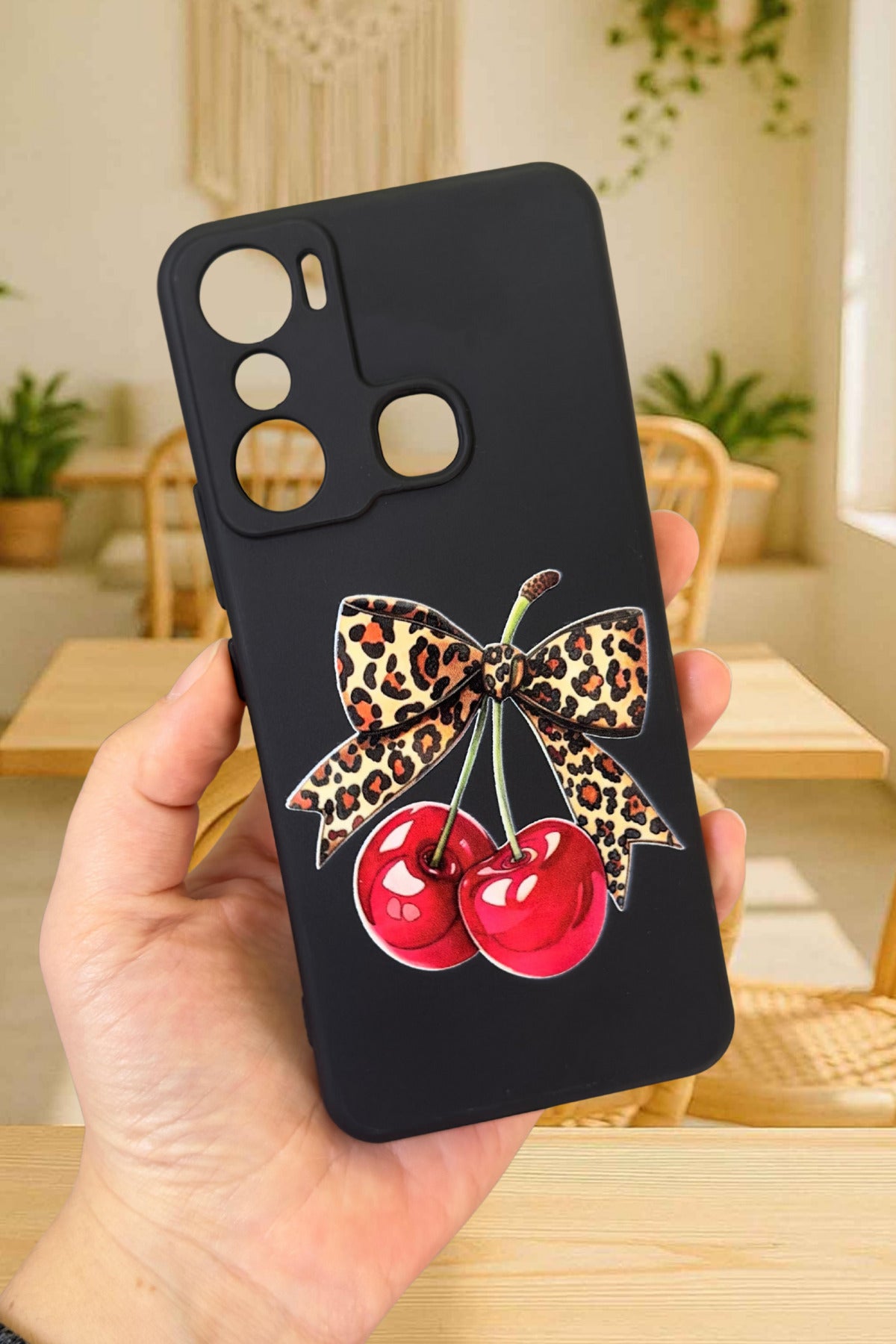 İNFİNİX HOT 20İ Uyumlu Kiraz Leopar Fiyonk Desenli Silikon Darbe Emici Rubber Kılıf