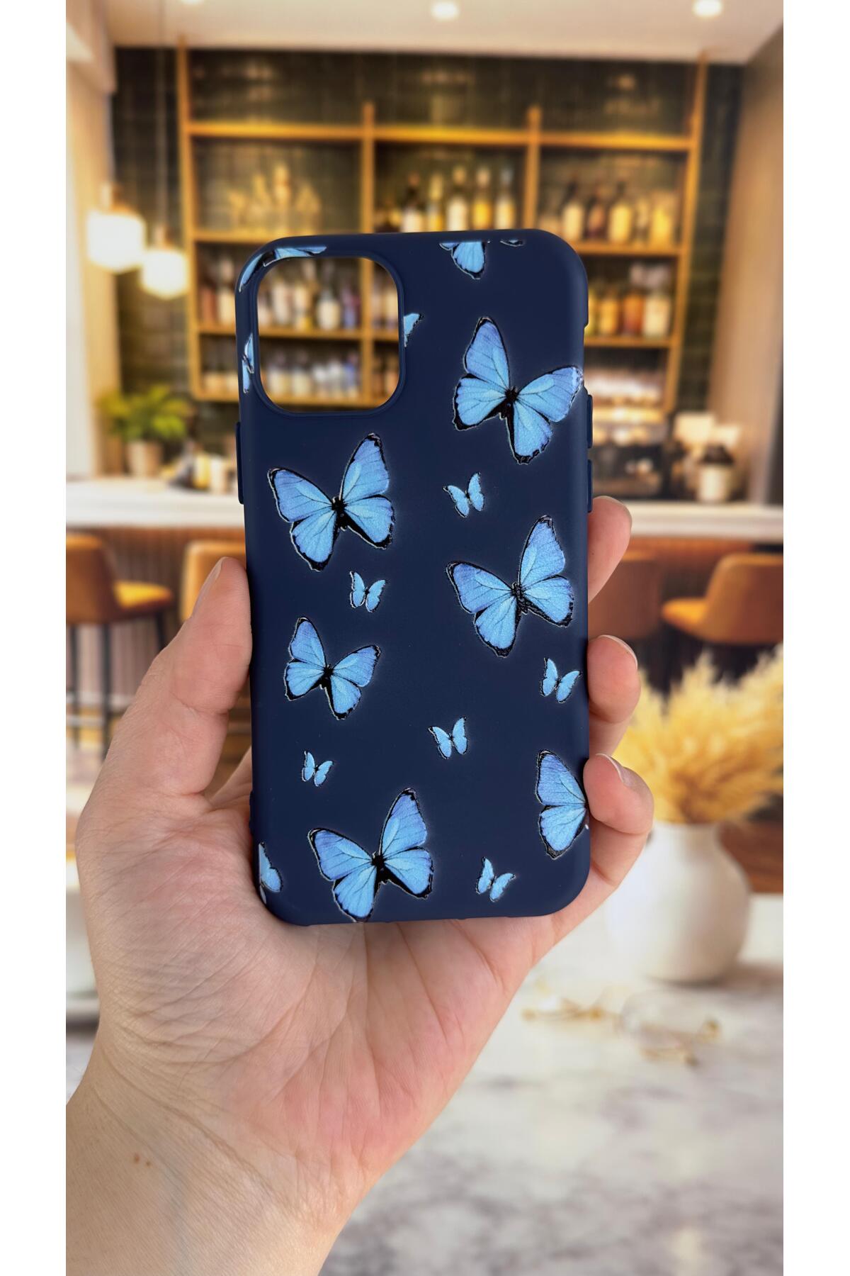 Iphone 11 Pro Max Uyumlu Mavi Kelebek Desenli Silikon Darbe Emici Klasik Korumalı Rubber Kılıf