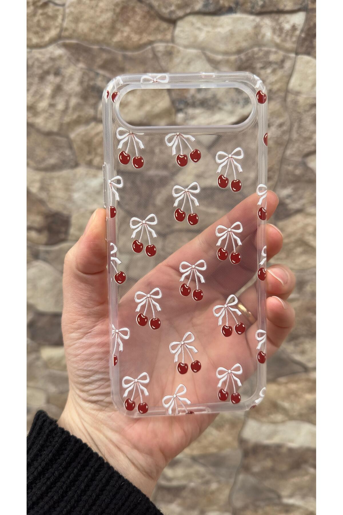 Tecno Spark Slim Uyumlu Kiraz Fiyonk Desenli Şeffaf Darbe Emici Kamera Korumalı Clear Kılıf