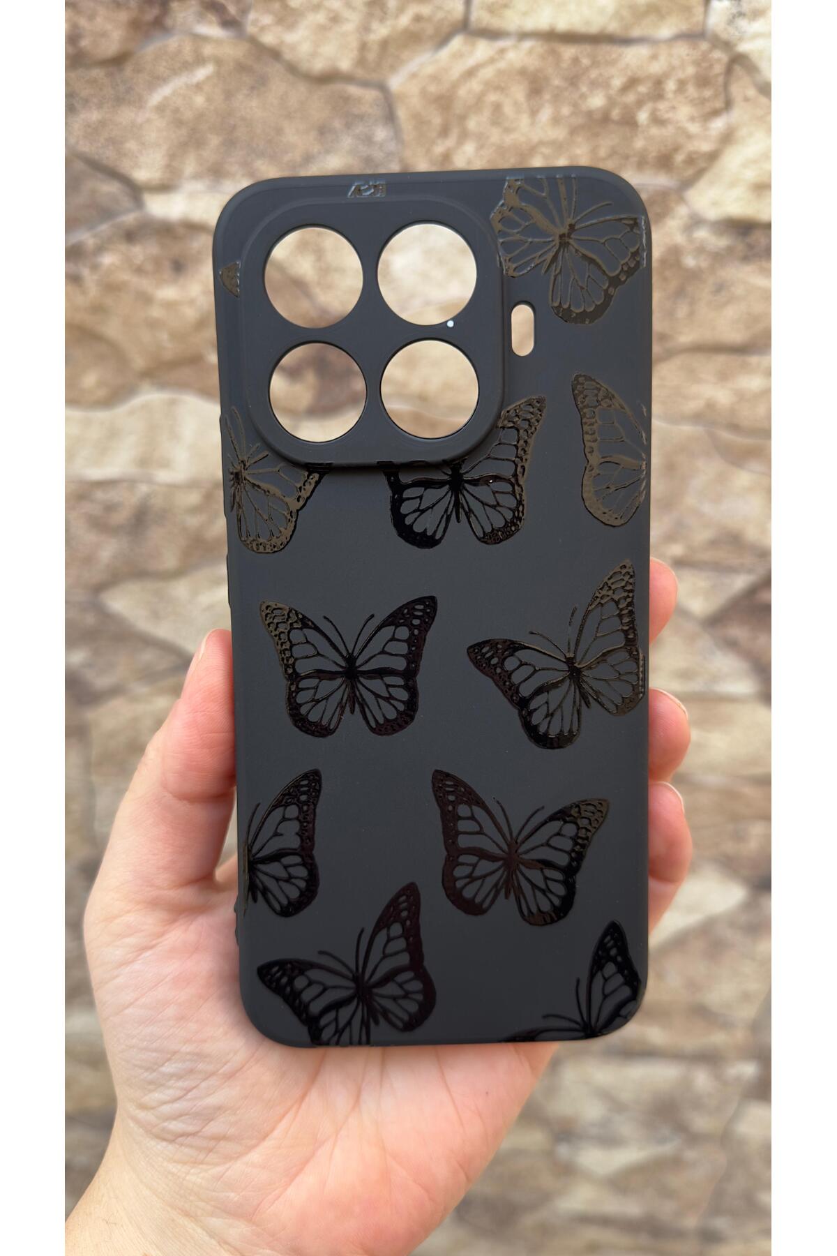 Xiaomi Mi 15T PRO Uyumlu Siyah Kelebek Desenli Silikon Darbe Emici Klasik Korumalı Rubber Kılıf