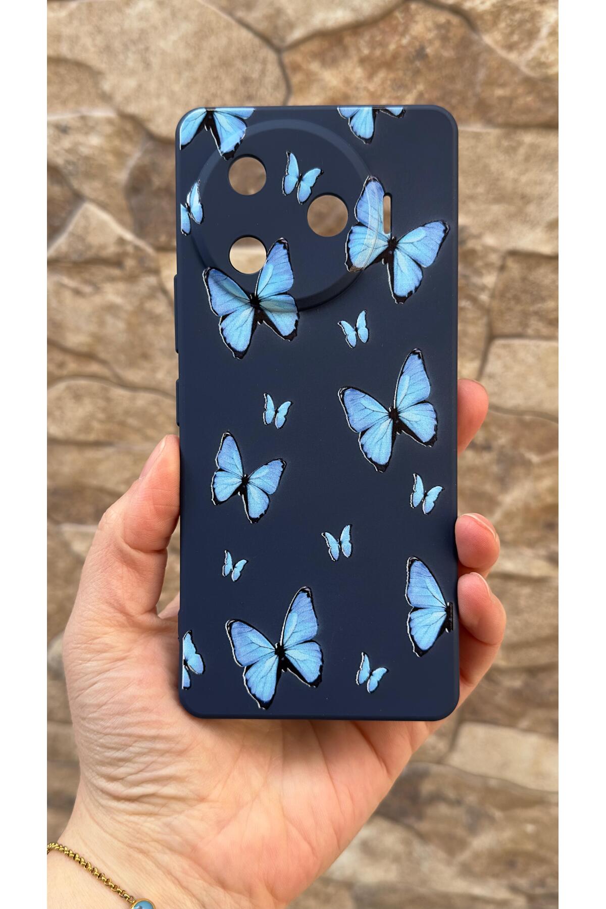 Tecno Camon 30 Pro 5G Uyumlu Mavi Kelebek Desenli Silikon Darbe Emici Klasik Korumalı Rubber Kılıf