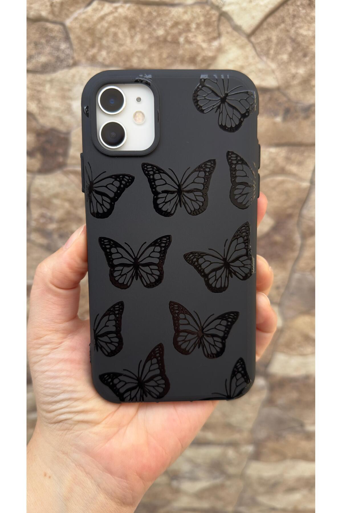 İphone 11 Uyumlu Siyah Kelebek Desenli Silikon Darbe Emici Klasik Korumalı Rubber Kılıf