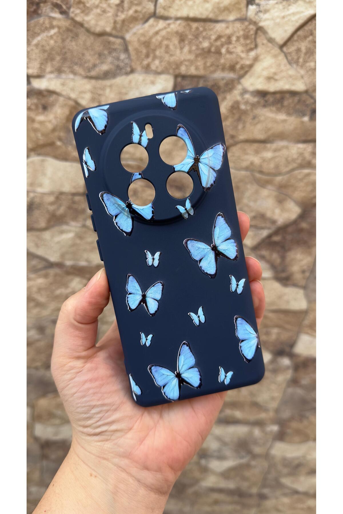 Realme 12 Pro Uyumlu Mavi Kelebek Desenli Silikon Darbe Emici Klasik Korumalı Rubber Kılıf
