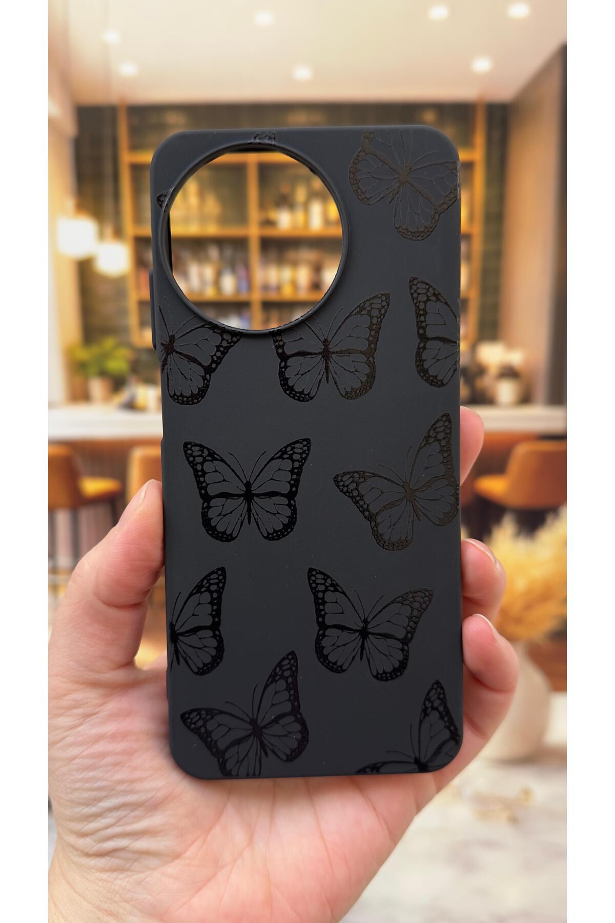 Realme 11 Uyumlu Siyah Kelebek Desenli Silikon Darbe Emici Klasik Korumalı Rubber Kılıf