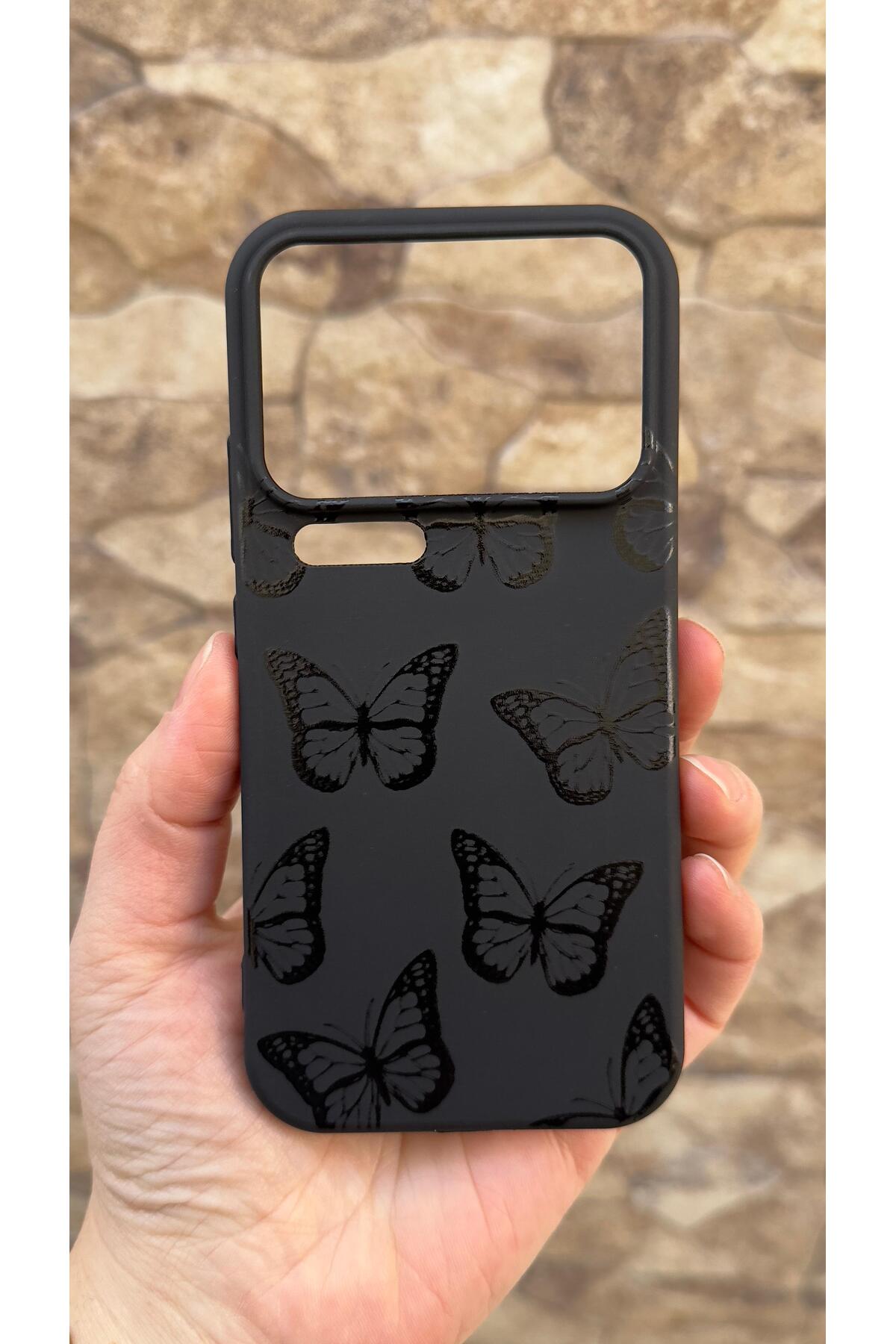 MI 17 Pro Uyumlu Siyah Kelebek Desenli Silikon Darbe Emici Klasik Korumalı Rubber Kılıf