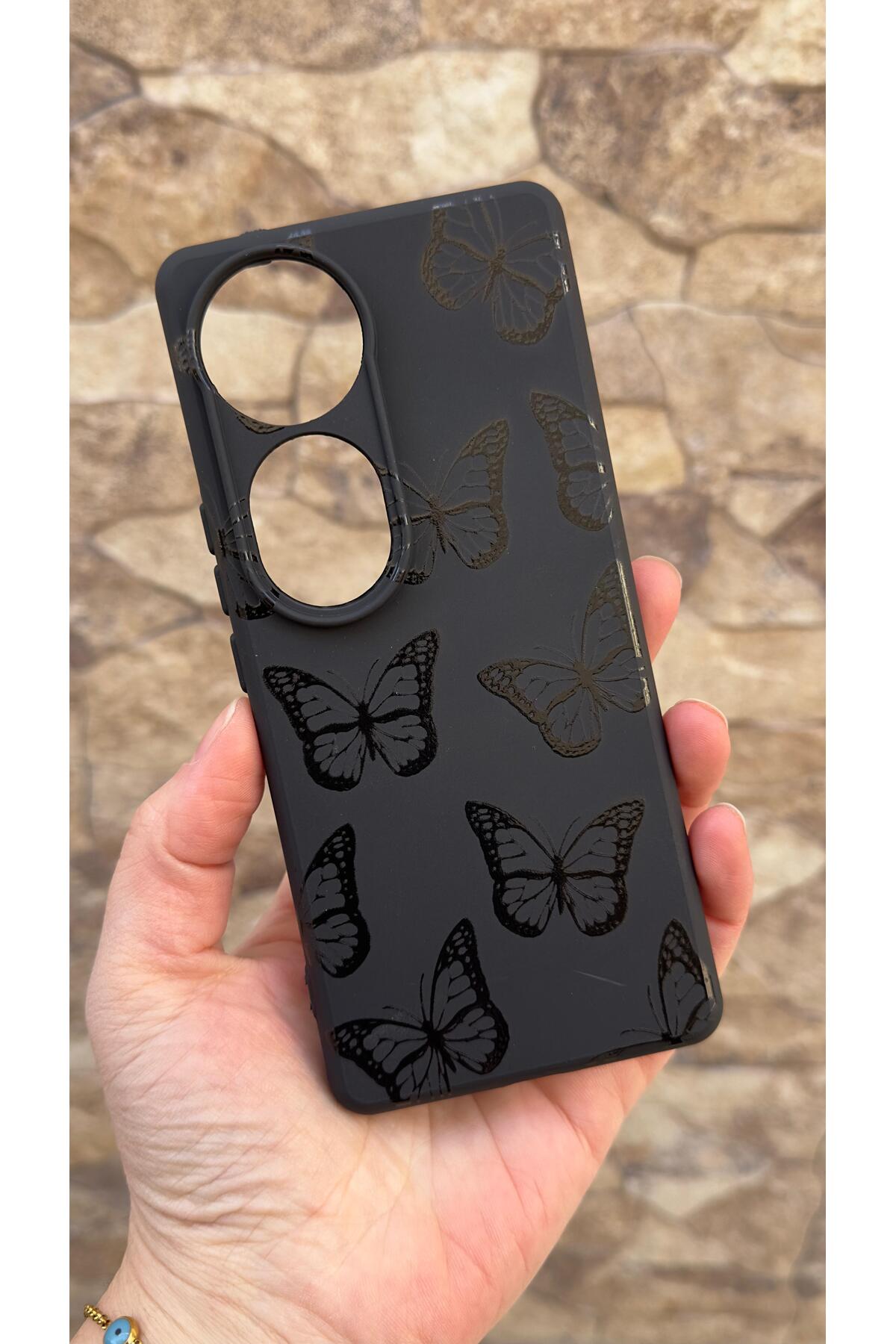 Vivo V40 Uyumlu Siyah Kelebek Desenli Silikon Darbe Emici Klasik Korumalı Rubber Kılıf