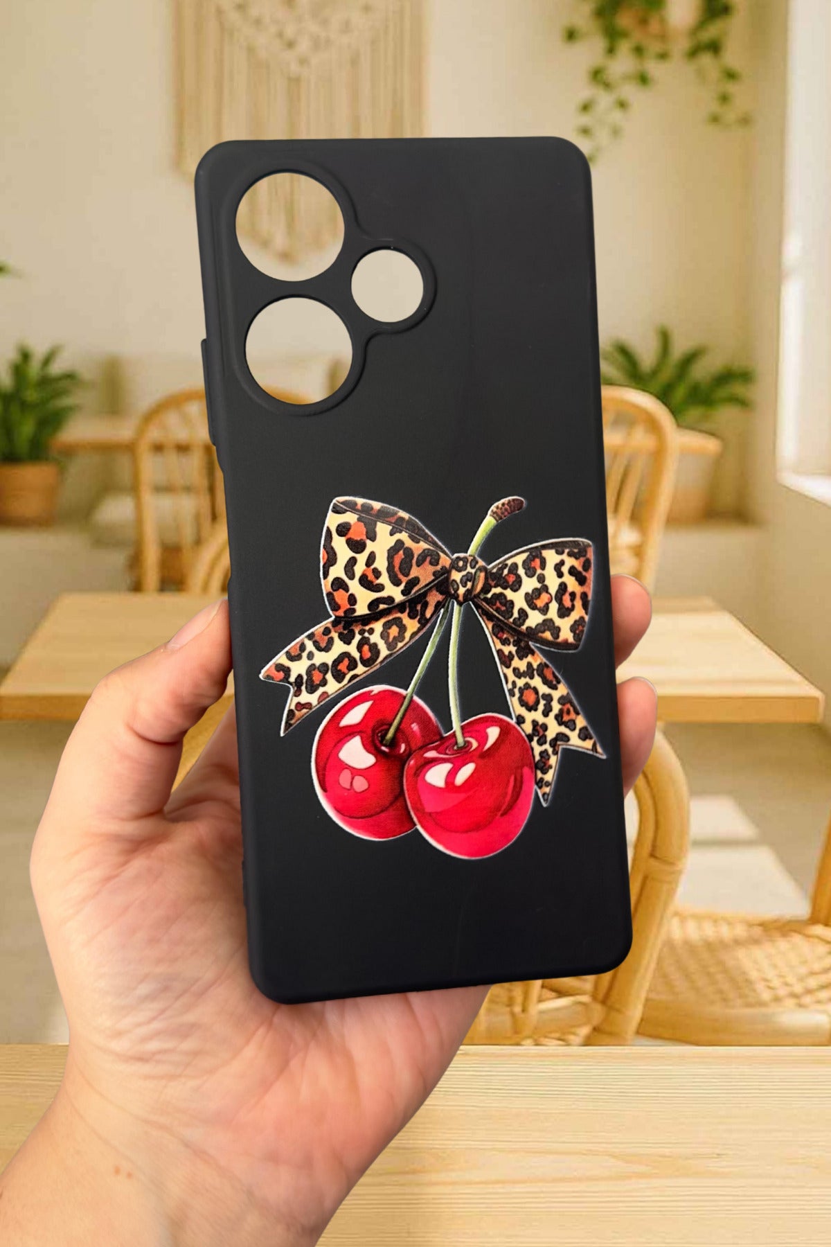 İNFİNİX HOT 30 Uyumlu Kiraz Leopar Fiyonk Desenli Silikon Darbe Emici Rubber Kılıf