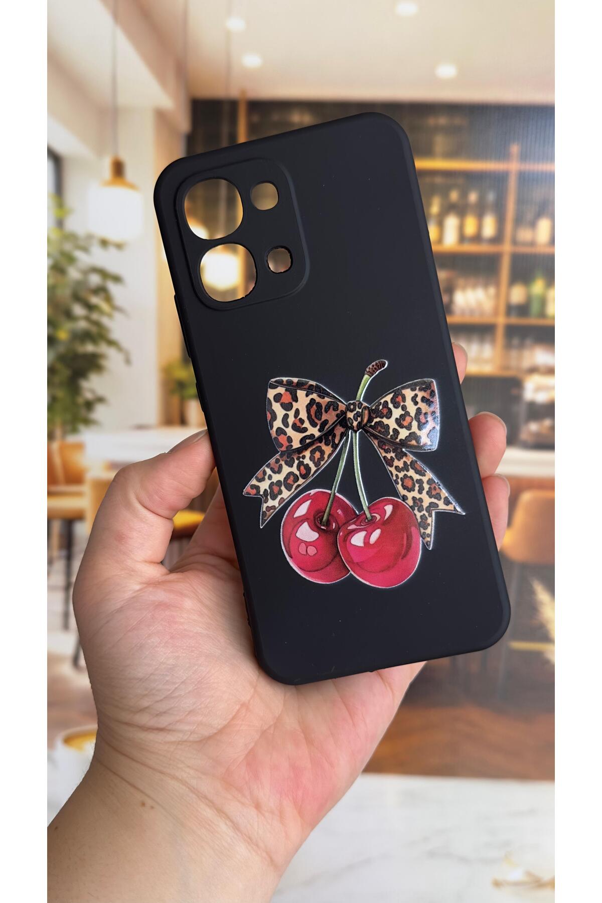 Oppo A6 Pro Uyumlu Kiraz Fiyonk Leopar Desenli Silikon Darbe Emici Klasik Korumalı Rubber Kılıf