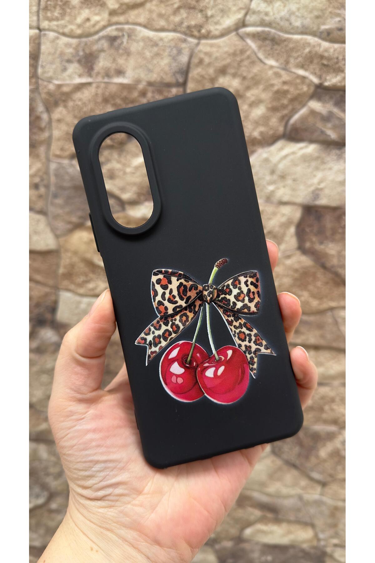 Huawei Nova 9 Se Uyumlu Kiraz Leopar Fiyonk Desenli Silikon Darbe Emici Klasik Korumalı Klasik Kılıf