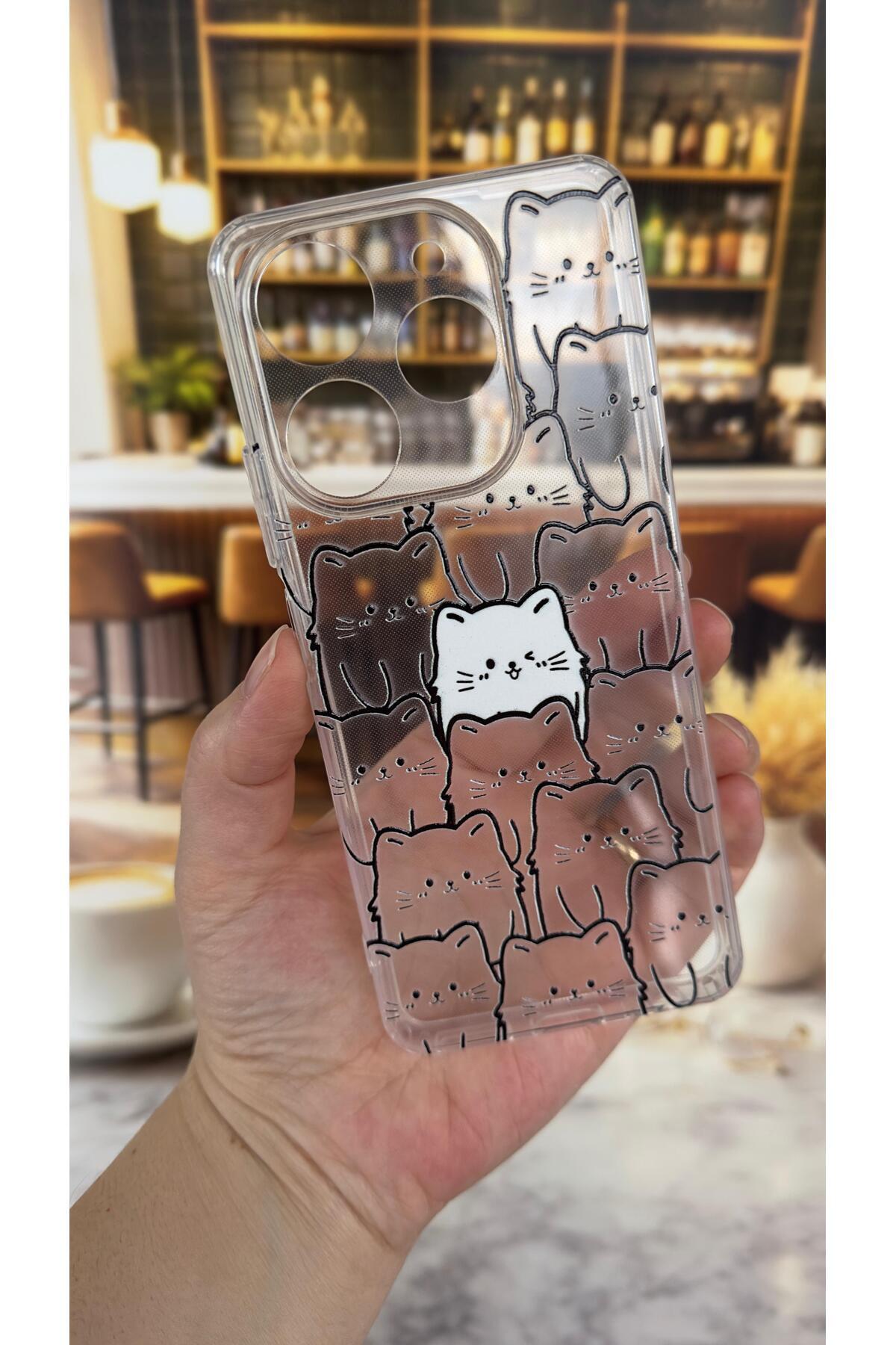 Tecno Spark 10 Pro Uyumlu Manycat Desenli Şeffaf Darbe Emici Kamera Korumalı Clear Kılıf