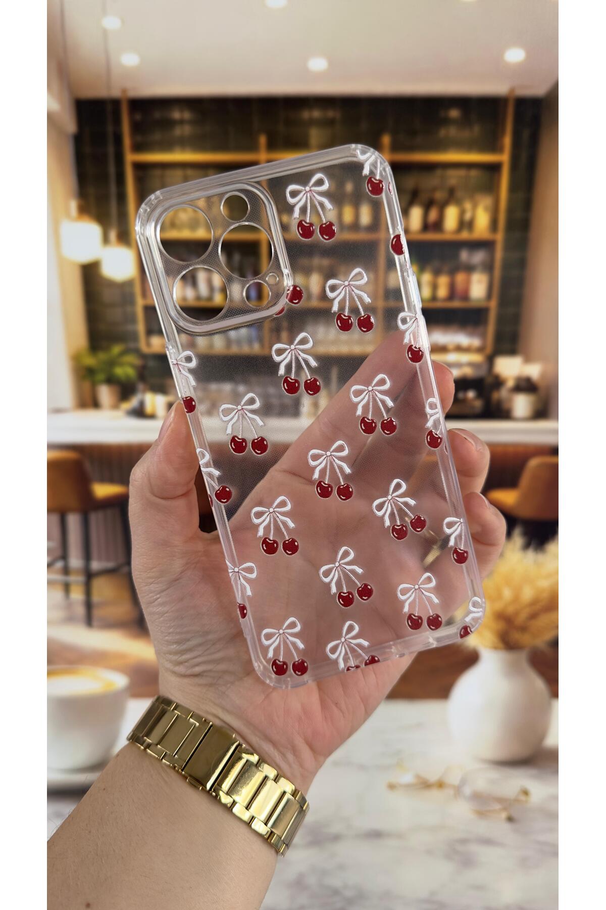 Iphone 13 Pro Max Uyumlu Kiraz Desenli Şeffaf Darbe Emici Kamera Korumalı Clear Kılıf