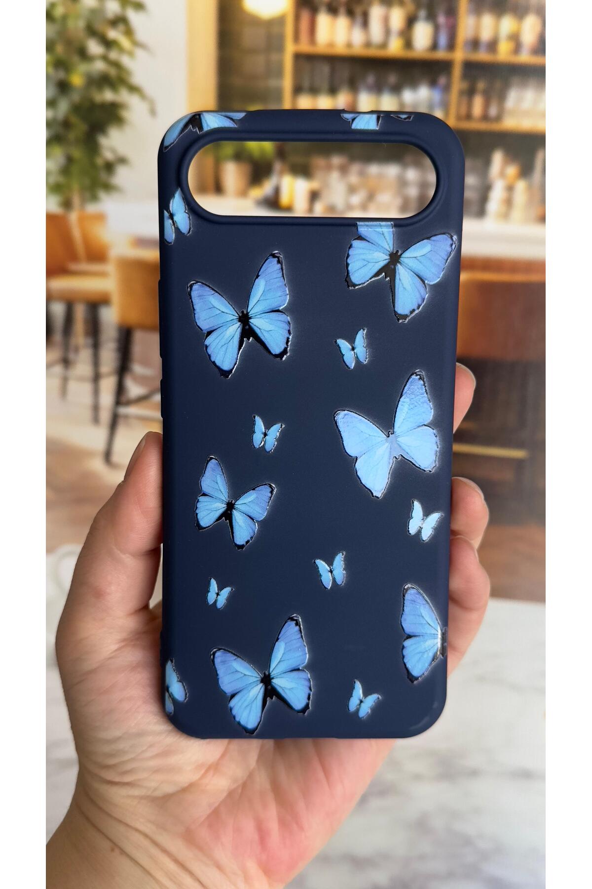Tecno Spark Slim 5G Uyumlu Mavi Kelebek Desenli Silikon Darbe Emici Klasik Korumalı Rubber Kılıf