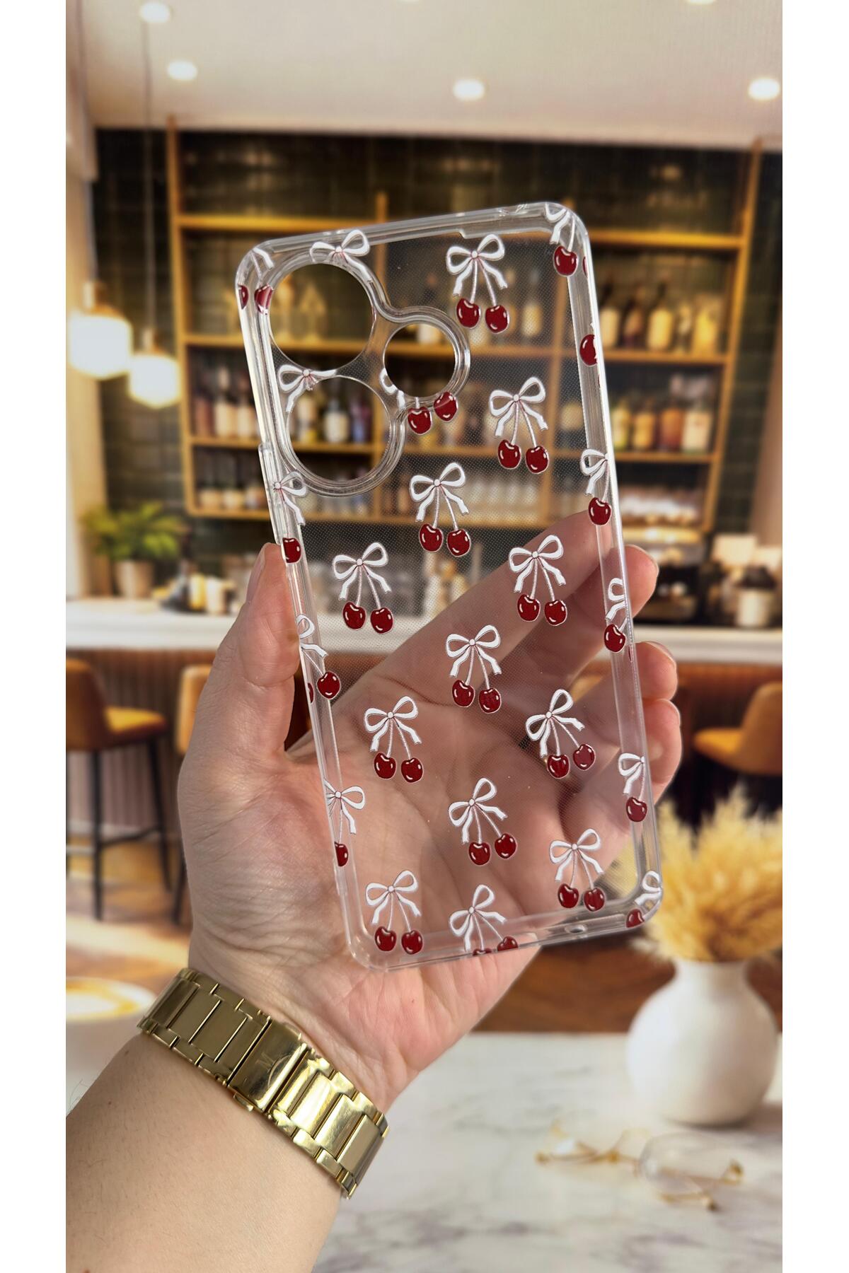 Redmi 13 Uyumlu Kiraz Desenli Şeffaf Darbe Emici Kamera Korumalı Clear Kılıf