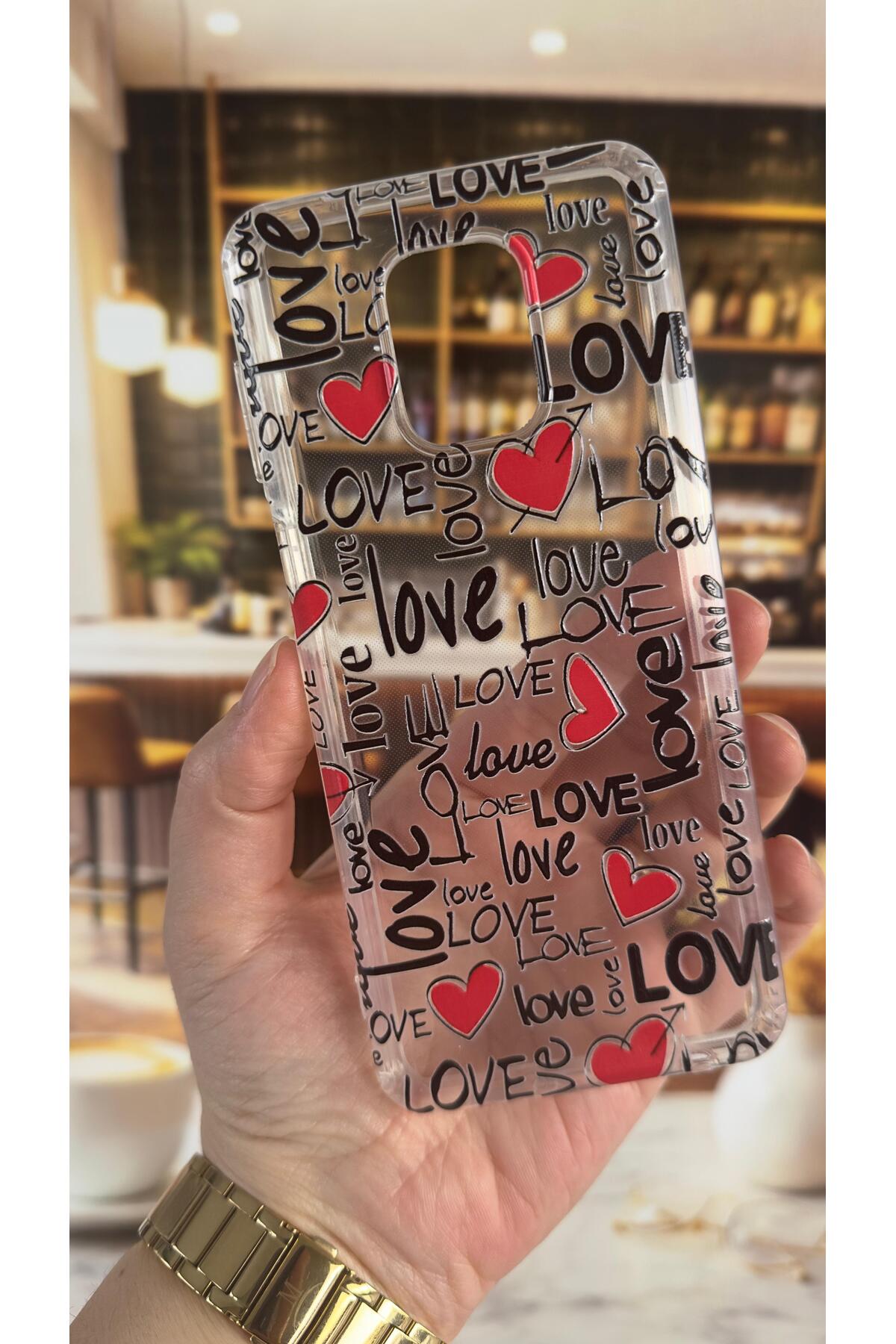 Redmi Note 9 Pro Uyumlu Love Yazı Desenli Şeffaf Darbe Emici Kamera Korumalı Clear Kılıf