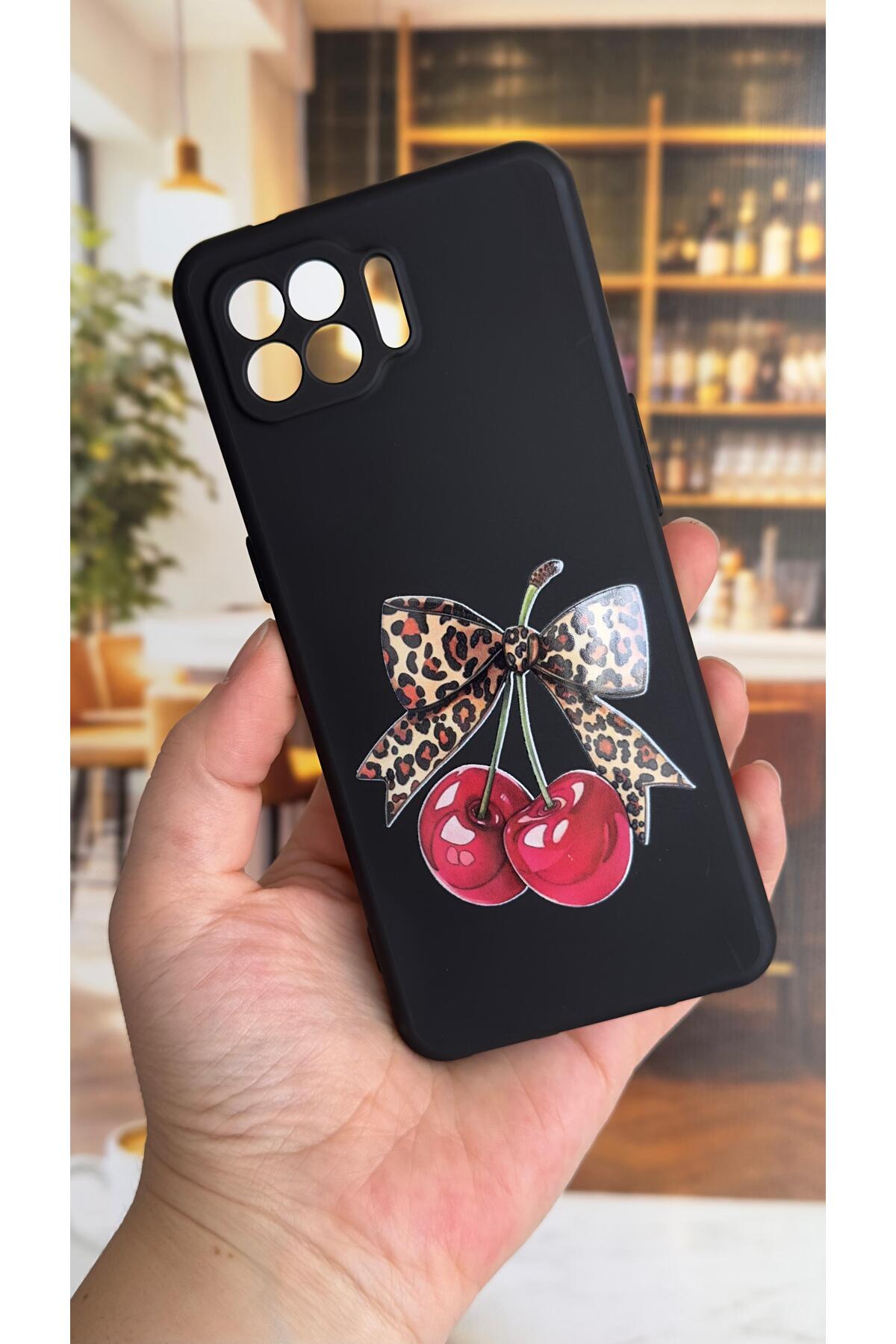 OPPO Reno 4 Lite Uyumlu Kiraz Fiyonk Leopar Desenli Silikon Darbe Emici Klasik Korumalı Rubber Kılıf