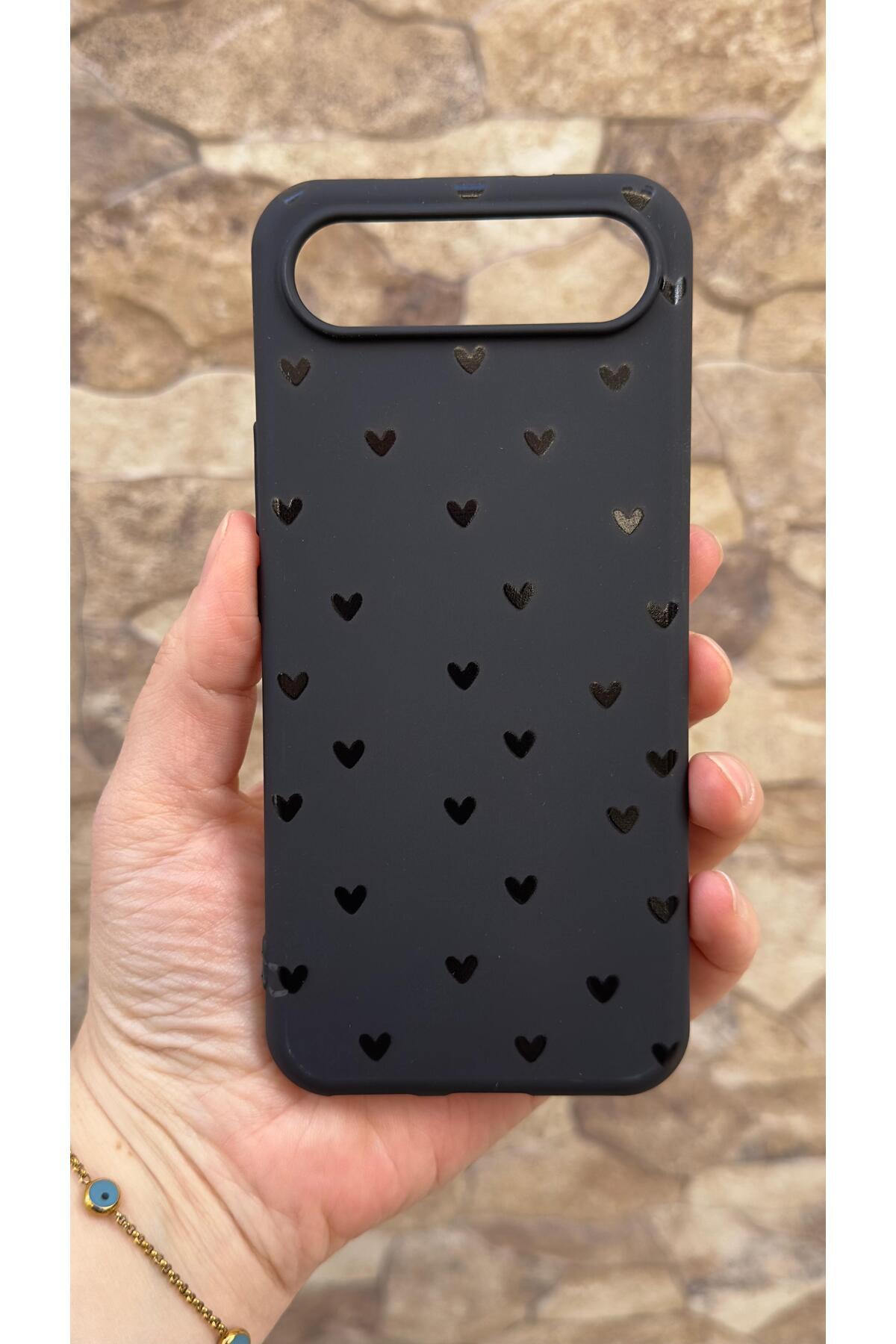 Tecno Spark Slim Uyumlu Mini Siyah Kalp Desenli Silikon Darbe Emici Klasik Korumalı Rubber Kılıf