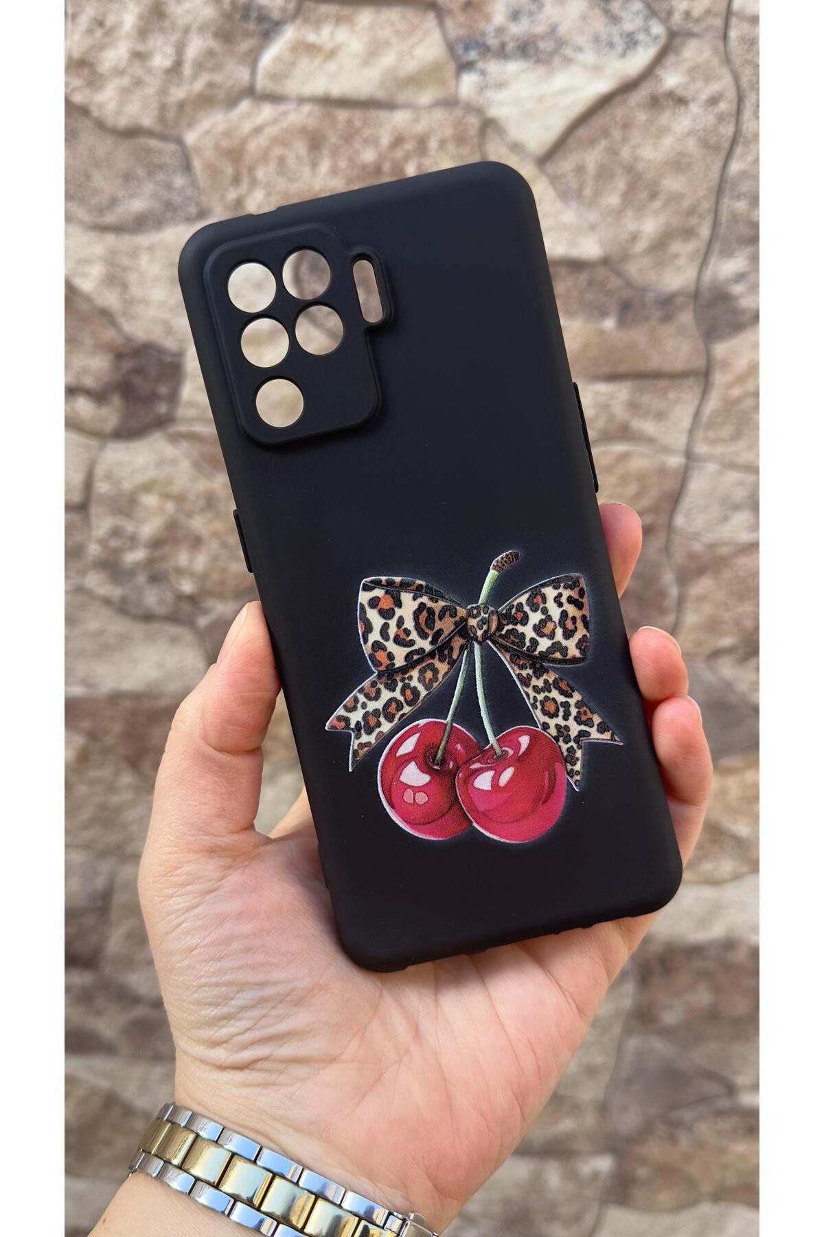 Oppo Reno 5 Lite Uyumlu Kiraz Fiyonk Leopar Desenli Silikon Darbe Emici Klasik Korumalı Rubber Kılıf