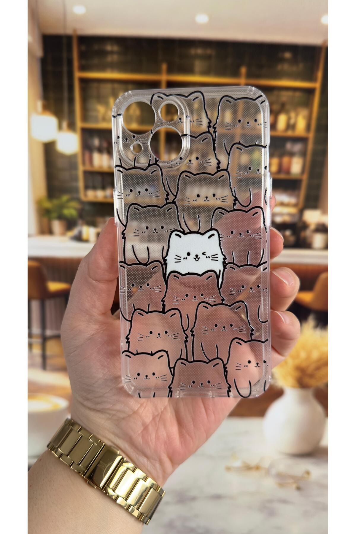 iPhone 13 Uyumlu Manycat Desenli Şeffaf Darbe Emici Kamera Korumalı Clear Kılıf