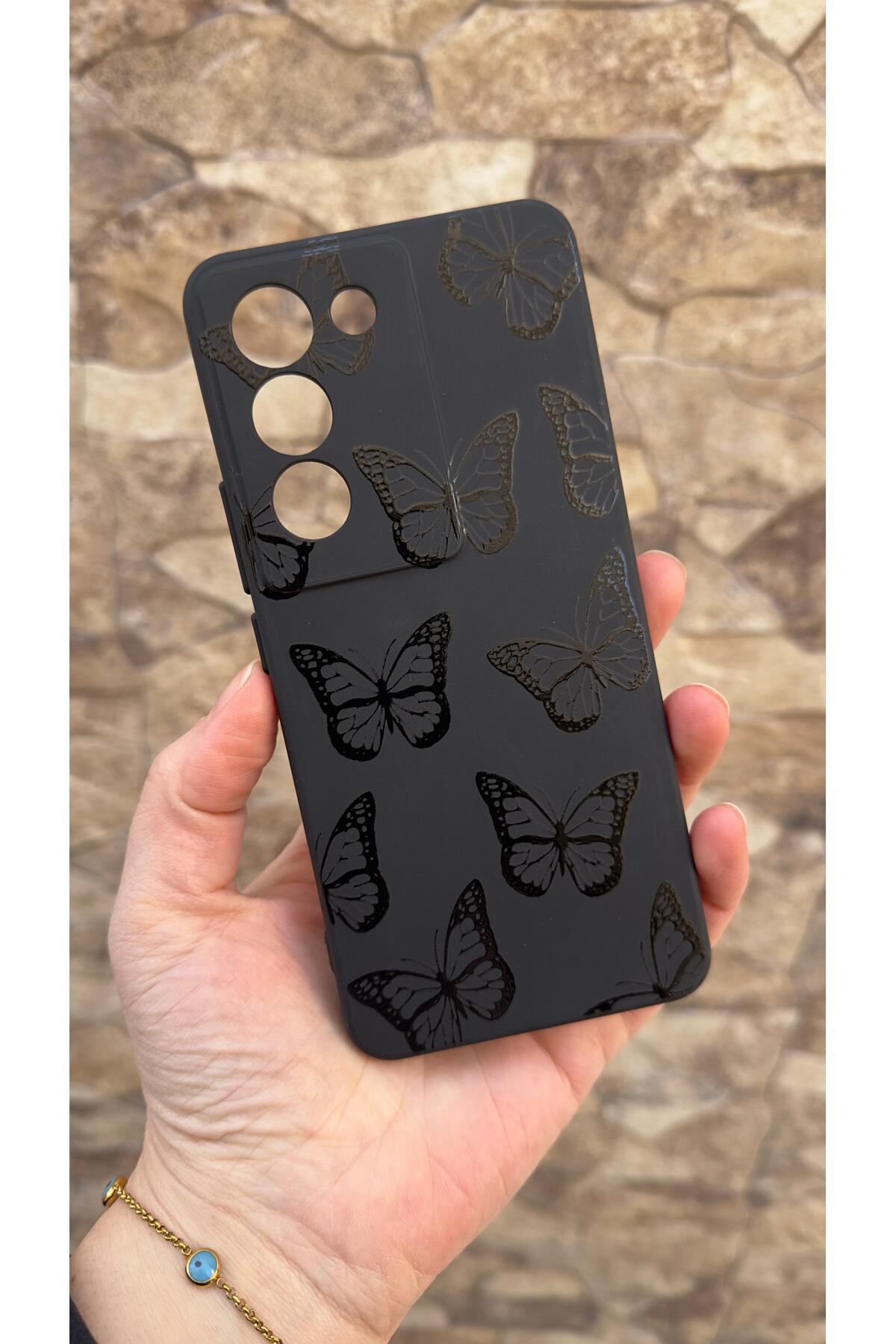 Vivo V30 Lite Uyumlu Siyah Kelebek Desenli Silikon Darbe Emici Klasik Korumalı Rubber Kılıf