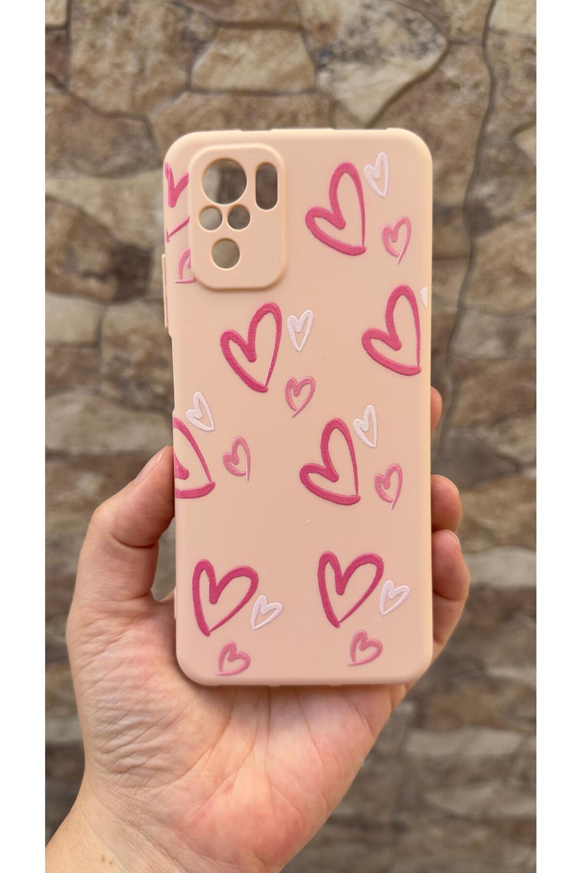 Xiaomi Redmi Note 10-10S Uyumlu Pembe Kalp Desenli Silikon Darbe Emici Klasik Rubber Kılıf